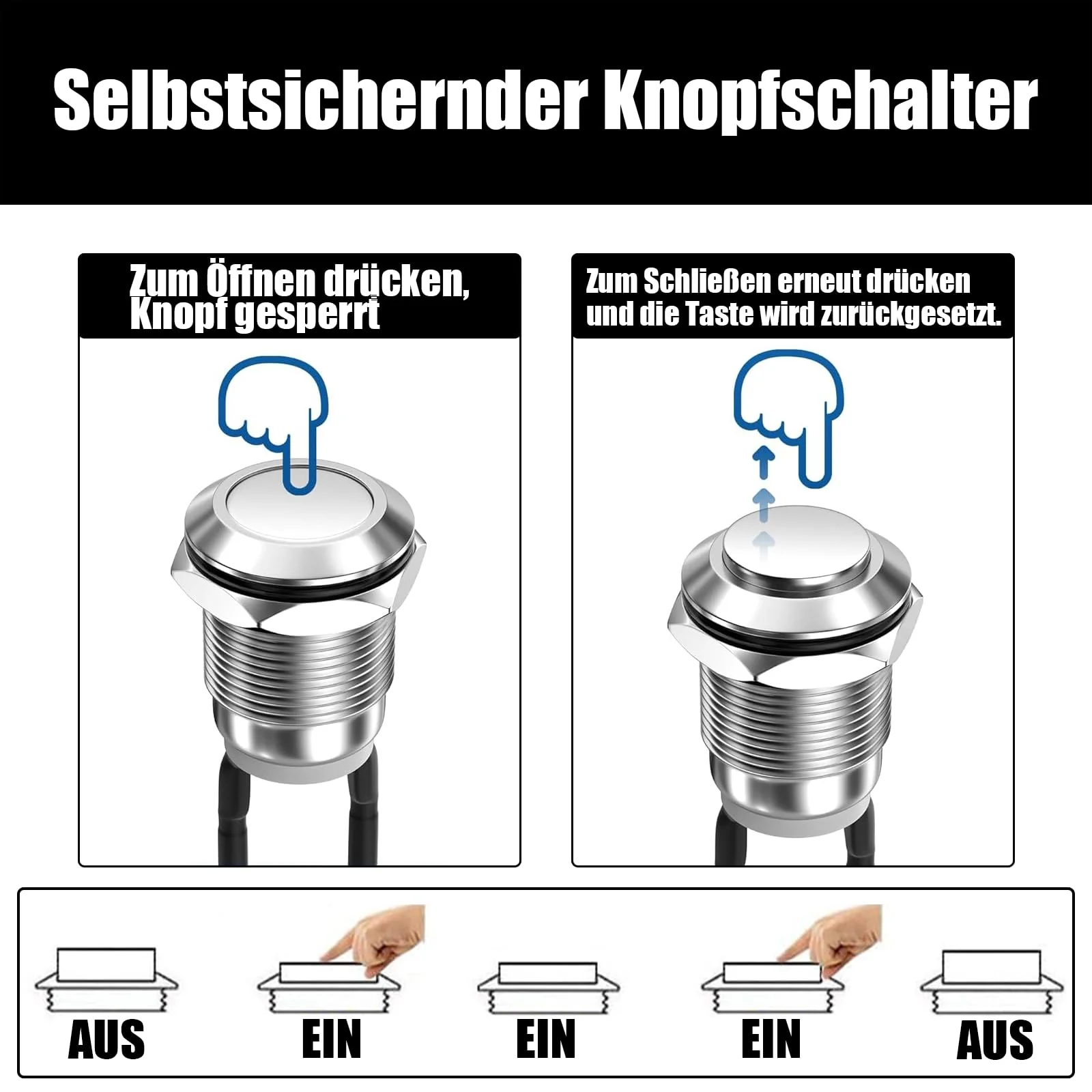 Powice 2 x 12 mm waterproof switch, pressure switch, self-locking stainless steel button switch, 12 V/230 V, suitable for horns, car bells, cars etc. with 20 cm connection cable (protruding) Protruding self-locking switch - Image 3