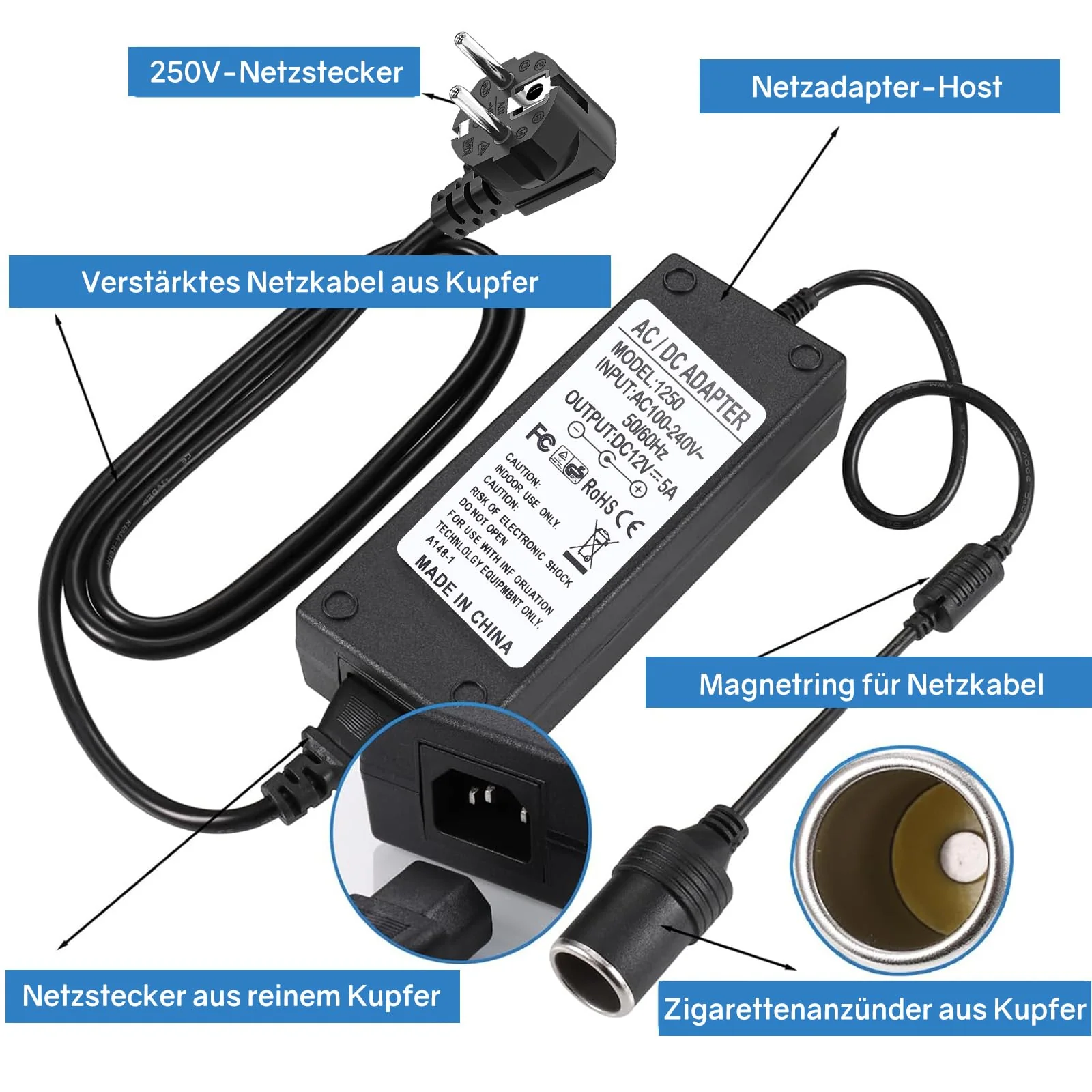 Powice Voltage Converter 230 V to 12 V, Adapter Cigarette Lighter Socket 5 A 60 W, Adapter 12 V to 230 V Suitable for Car Cool Box, Vacuum Cleaner Cigarette Lighter Car Fan Humidifier - Image 3