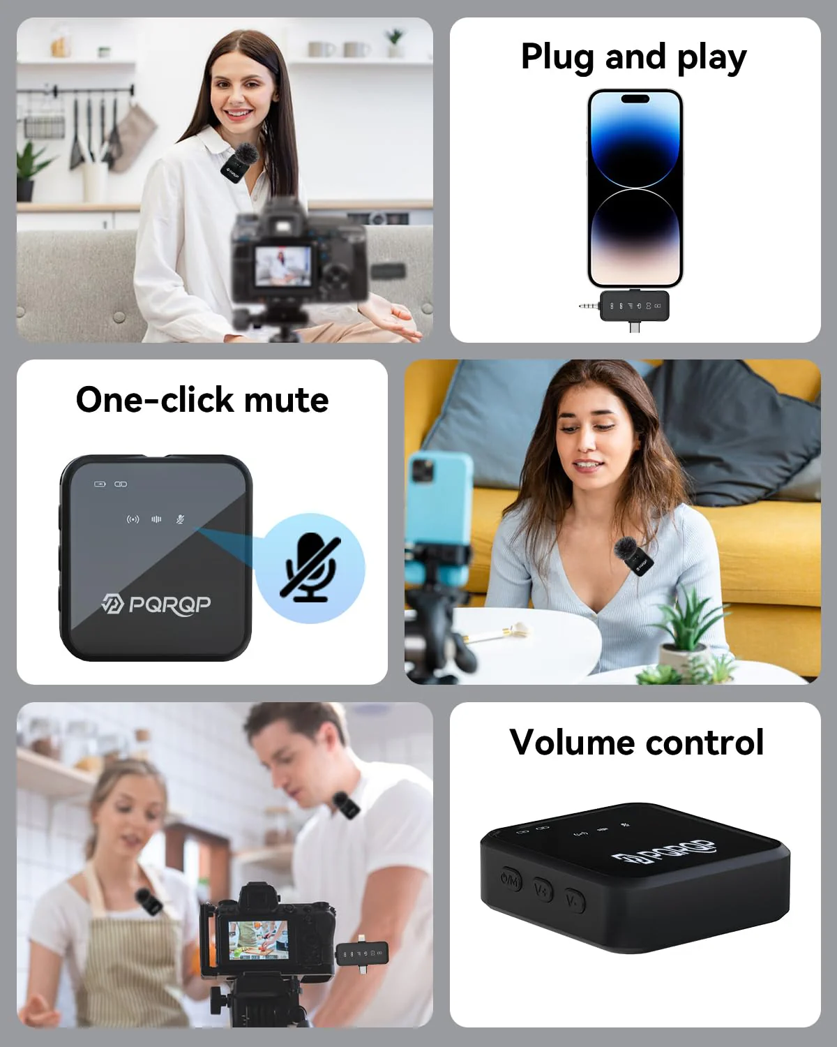 PQRQP 3 in 1 Microphone for iPhone/Android/Camera, Wireless Microphones, 328ft Transmission, 18H Battery Life, Mini Microphone for Record Interview, Vlogs, YouTube, Tiktok, Preamps Ebony Black - Image 6