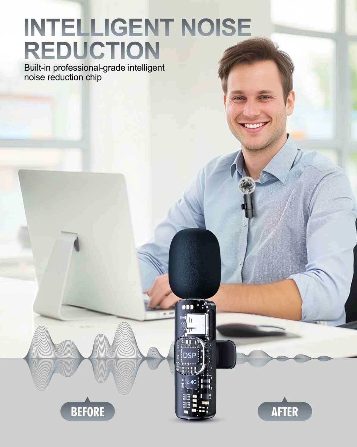 PQRQP 3 in 1 Professional Wireless Lavalier Microphone for iPhone, Android, Camera, Wireless Microphones, Mini Microphone, Crystal Clear Sound Quality for Recording, Live Streaming, Microphone Clips Elegant Black - Image 3