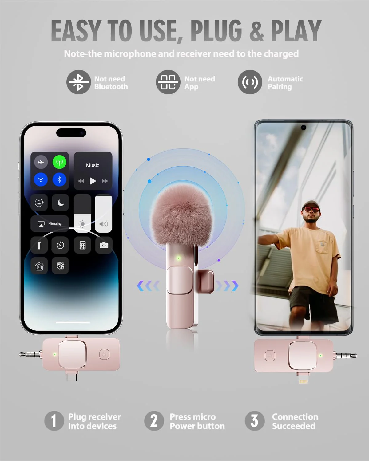 PQRQP 3 in 1 Wireless Lavalier Microphone for iPhone, iPad, Android, Camera, Mini Microphone, 7-Hour Battery, High Definition Sound Quality for Interview, Video Podcast, Vlog (Pink) Pink - Image 2