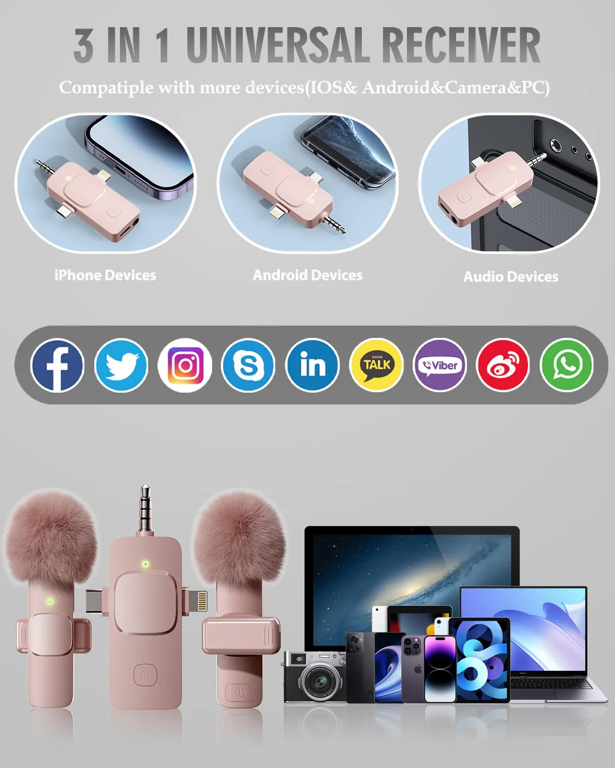 PQRQP 3 in 1 Wireless Lavalier Microphone for iPhone, iPad, Android, Camera, Mini Microphone, 7-Hour Battery, High Definition Sound Quality for Interview, Video Podcast, Vlog (Pink) Pink - Image 3