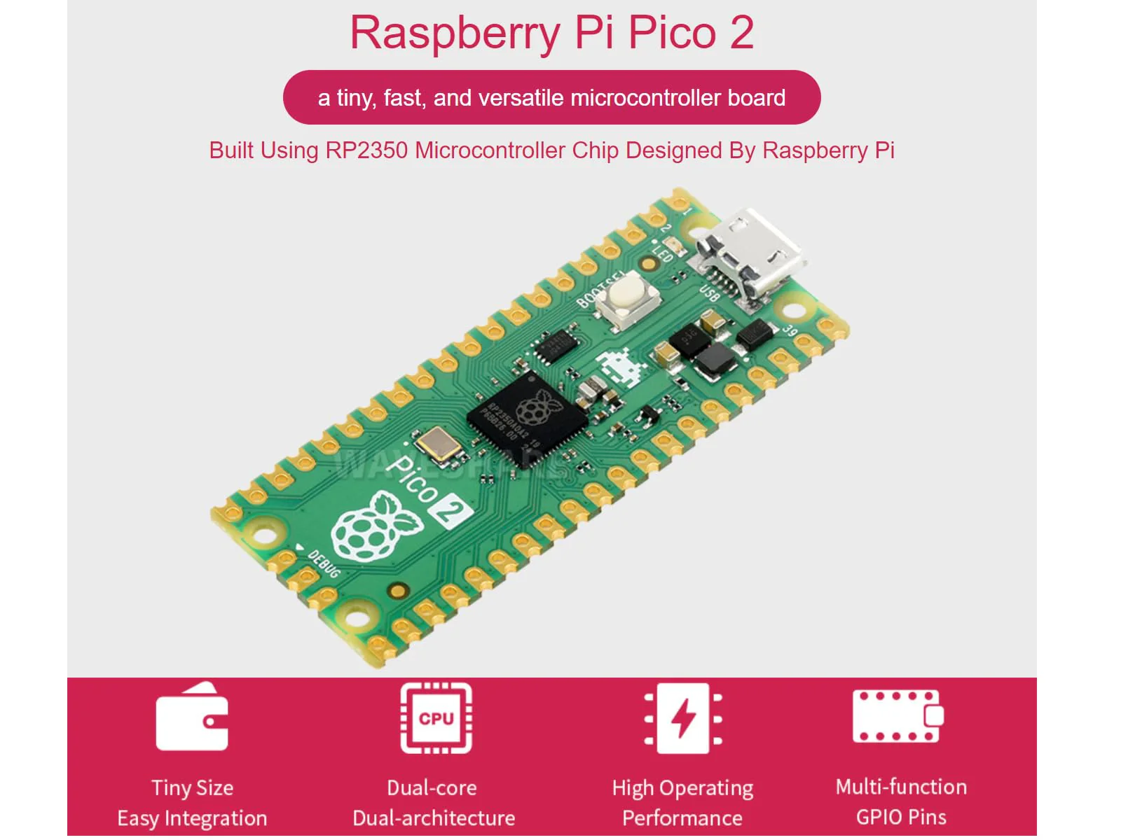 Pre-Soldered Raspberry Pi Pico 2 with Header RP2350 Microcontroller Board Mini Board Kit Based on RP2350 Chip, Dual-Core & Dual Architecture, Support C/C++/Python - Image 2