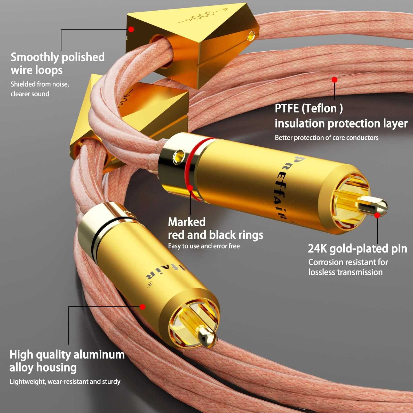 Preffair X461 1 Pair OCC Cables 15AWG 4 x 1.5mm2 RCA Audio Cable with Gold Plated RCA Connectors for Speaker, Subwoofer, Turntable, AMP, DAC (1.5M/4.9FT, X461R1786G) - Image 6