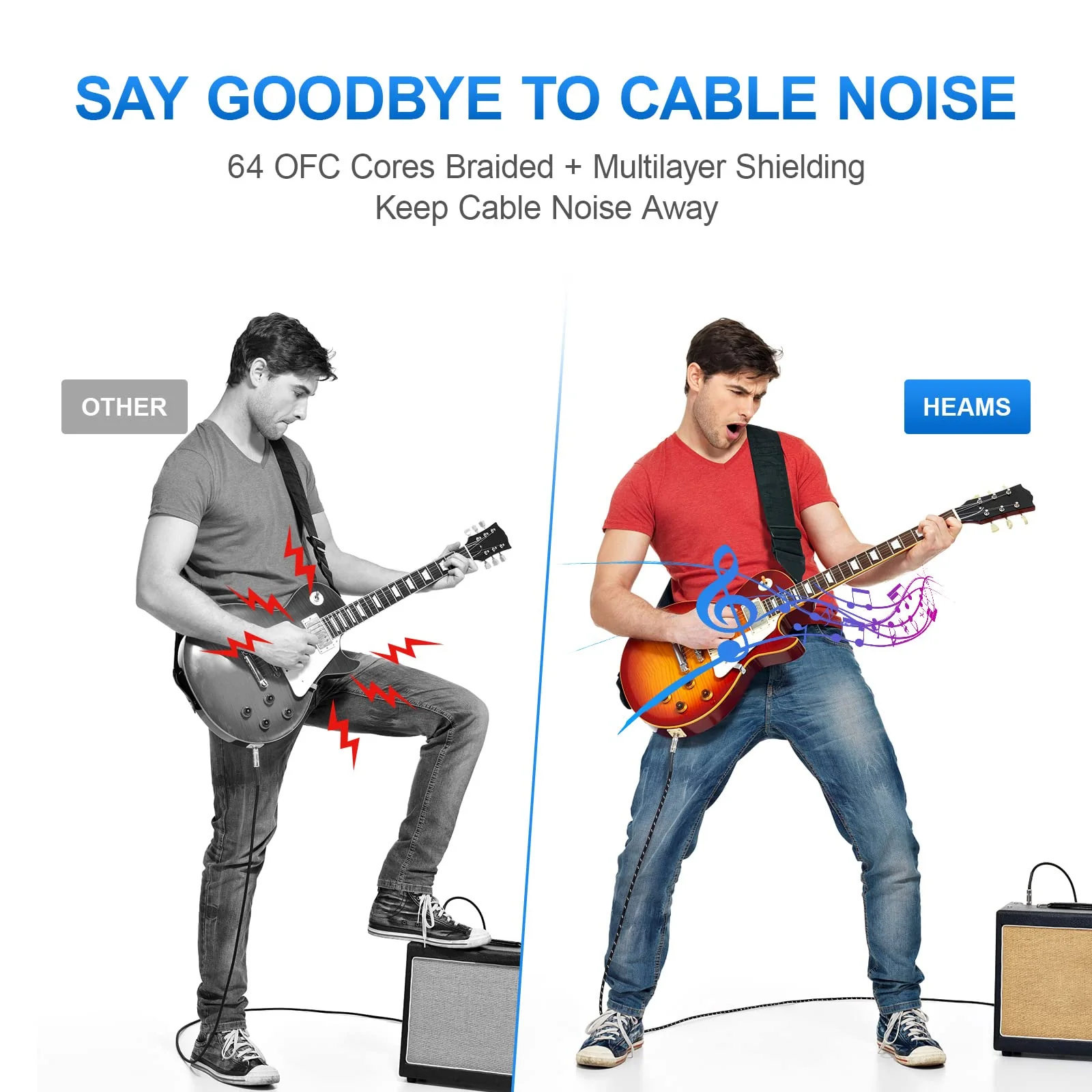 Premium 10 FT Guitar Cable, 1/4 Inch Instrument cable- Noise Free and Long-lasting Guitar Chord- AMP Cord for Bass, Electric Guitar, Electric Mandolin, Right Angle 10FT Right Angle to Straight Angle Black White - Image 3