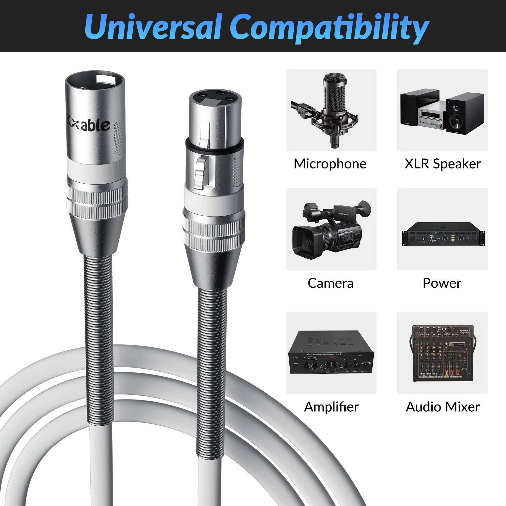 Premium 25 Feet XLR Microphone Cable, Heavy Duty 22AWG OFC XLR Male to Female Cord, 3-Pin Shielded Mic Speaker Cable, Zinc Alloy Connectors, Metal Spring SR, White 25FT - Image 7