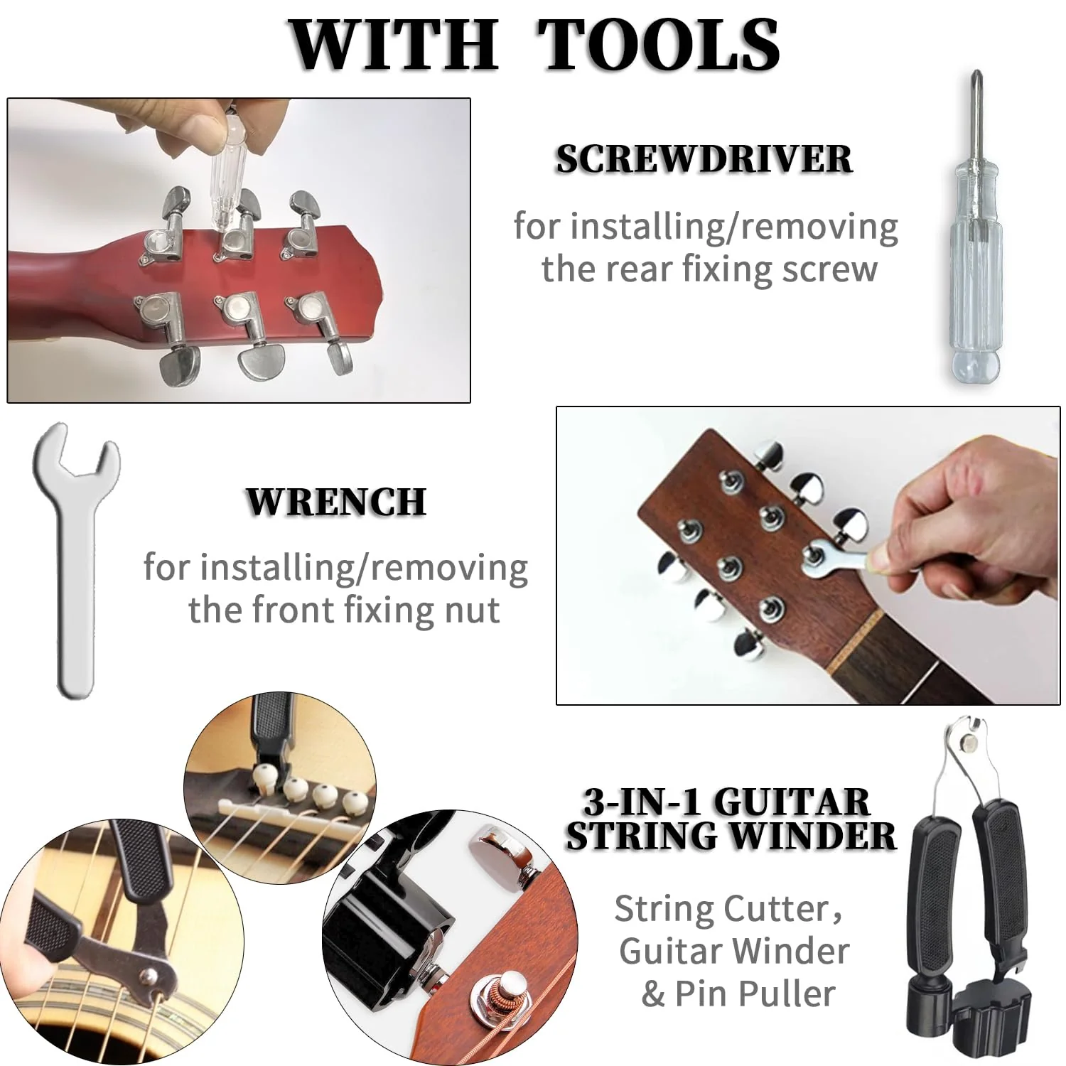 Premium All-Metal Closed-Back Guitar Tuning Peg Set of 6 (3L+3R) +Red Copper Strings Bridge Pins & Nut for Acoustic Guitar, Includes Installation Tools (Round-head) Round-head - Image 5