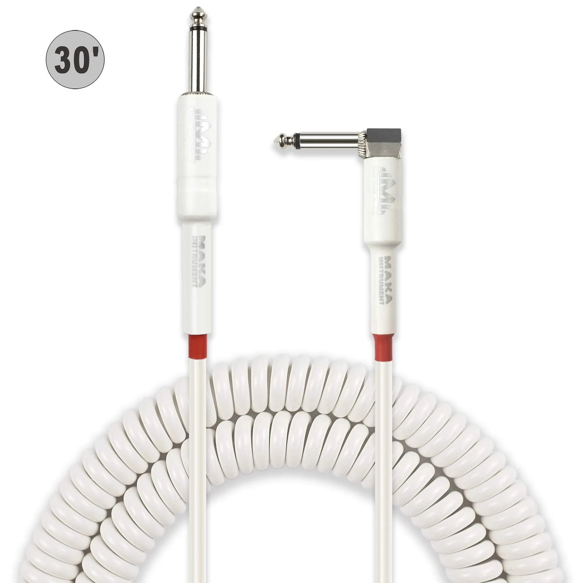 Premium Guitar Coil Cable 30 Feet, Instrument Coiled Curly Cord for Guitar Bass, 1/4 inch Right Angle to Straight, White 30' (White) - Image 2