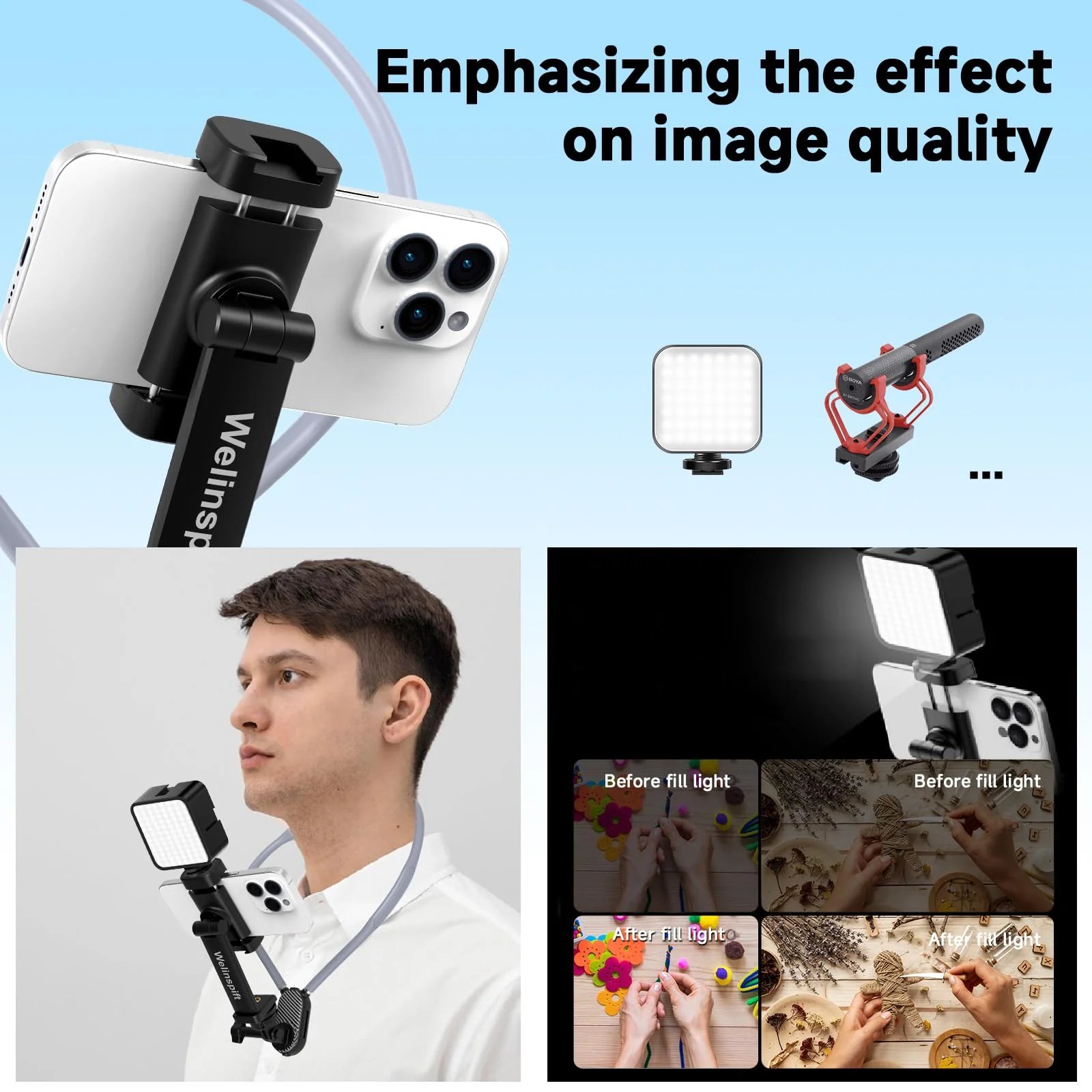 Premium Neck Phone Holder with Fill Light & Remote- POV/Vlog Chest Phone Tripod Mount w/ Anti-Shake Strap for Hands-Free Recording – Compatible with iPhone 16 15 14 13 12 Series, Andriod Cell Phones - Image 8