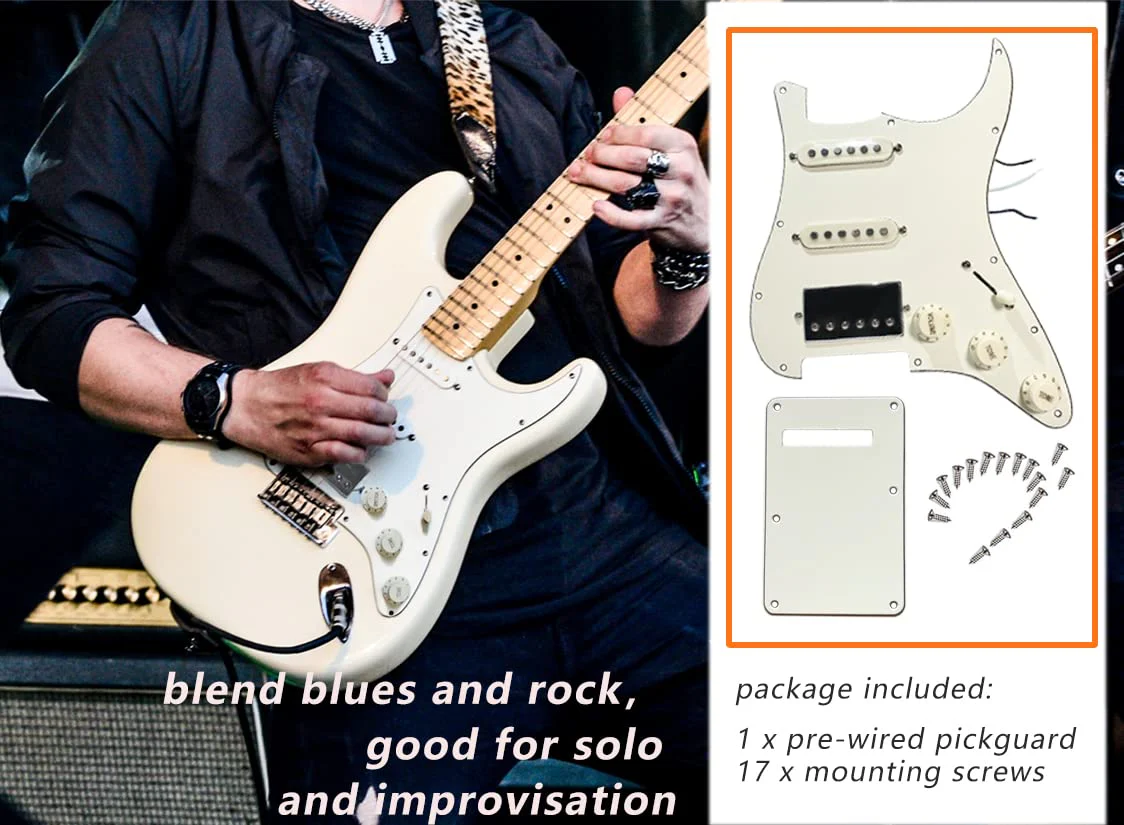 Prewired Pickguard with SSH Pickup Set, 3-ply Pick Guard Loaded High Output Alnico V Single Coil Humbucker Pick-ups, Electric Guitar Scratchplate as Luthier Replacement Parts, Cream-0C adged white 90C - Image 5