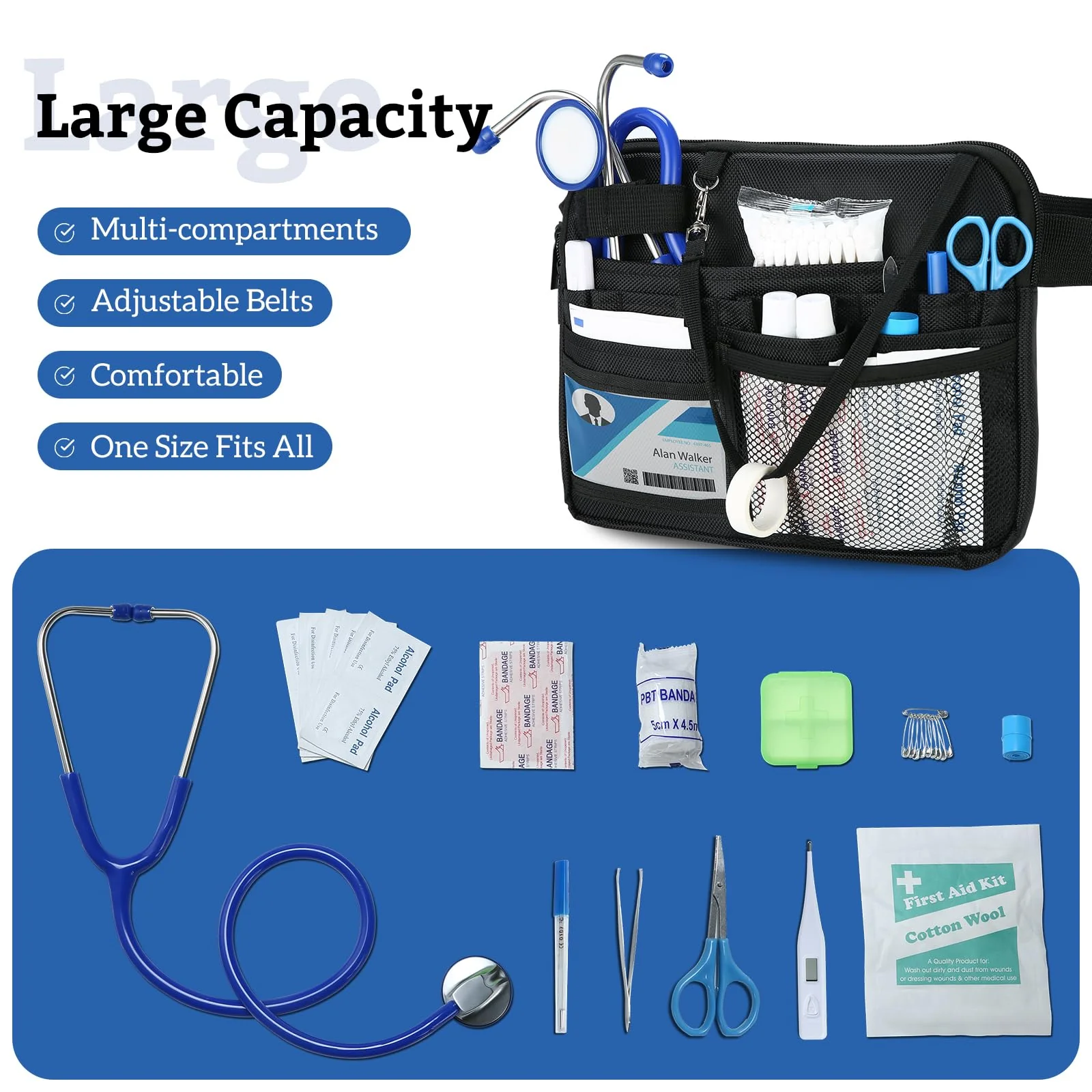 ProCase Nurse Fanny Pack, Lightweight Utility Organizer Pouch for Medical Supplies, Stethoscope, Scissors for RN EMT -Black, Large Black - Image 3