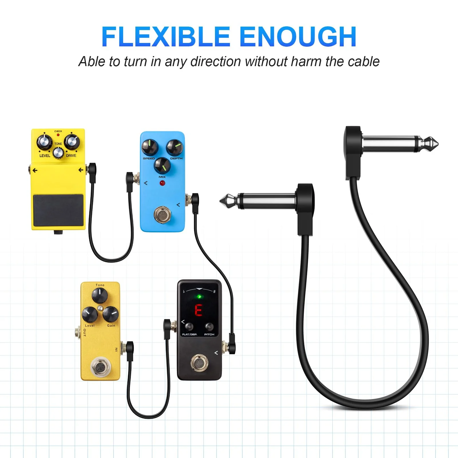 Professional 6 Pack 6 Inch Guitar Patch Cables, Noise Free and Long-lasting Guitar Pedal Cable, Low Profile Save More Space Pedal Board Cables, Right Angle Flat Patch Cable, Black - Image 5