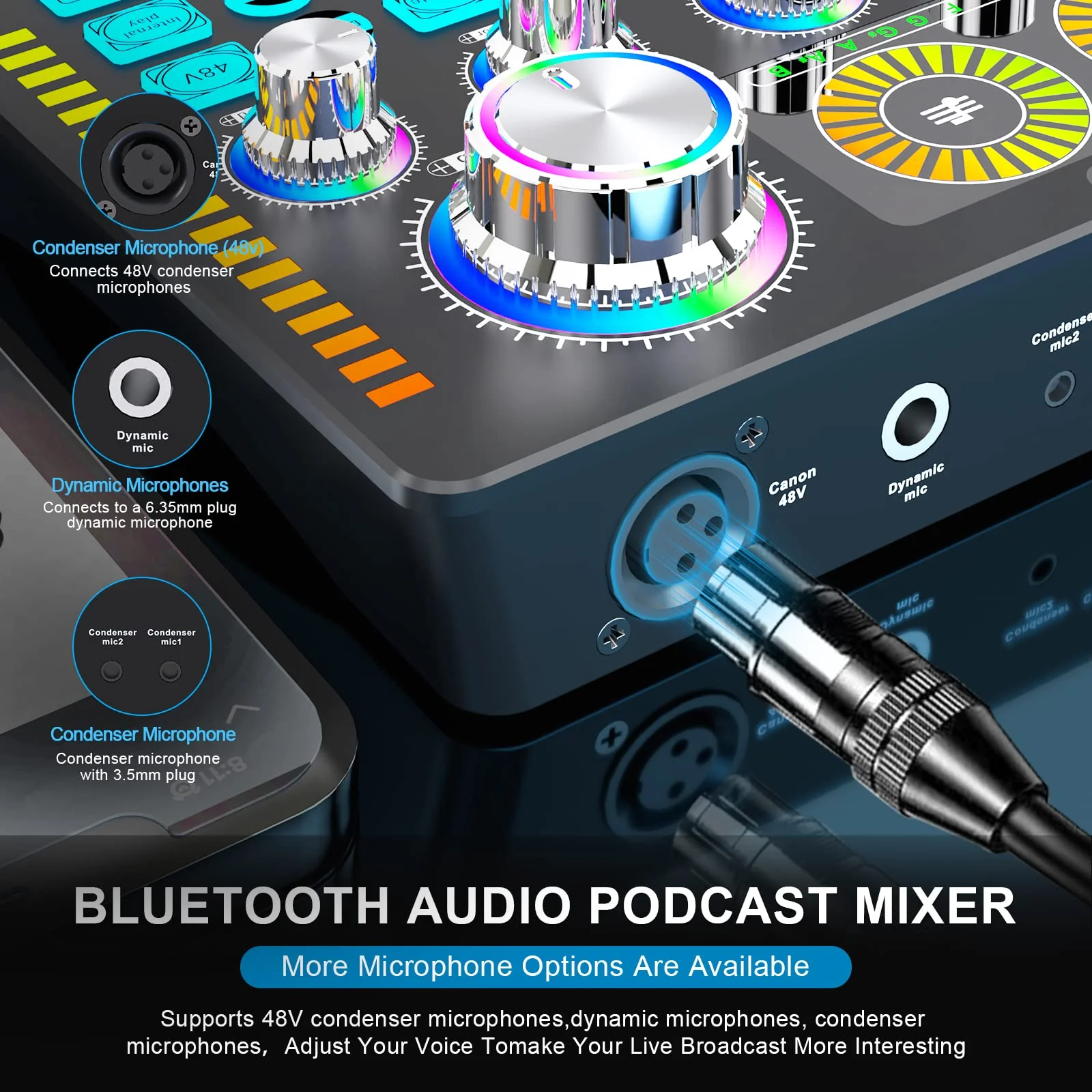 Professional Audio Mixer,Live Sound Card and Stereo Audio Interface,Bluetooth Sound Board with XLR interface,48V Phantom Power,Voice Changer,For Podcasting,Live sound,recording Studio and Gaming - Image 3