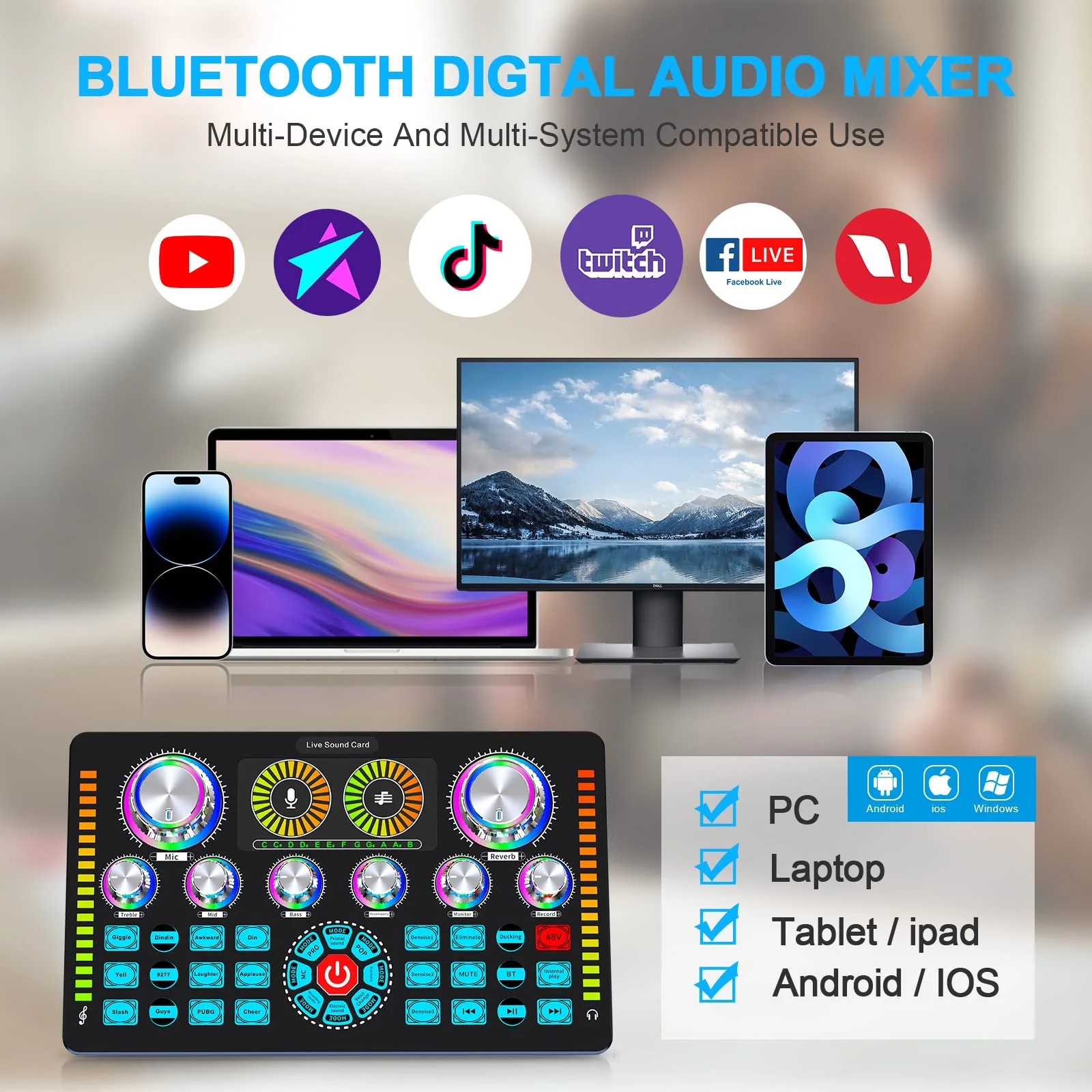 Professional Audio Mixer,Live Sound Card and Stereo Audio Interface,Bluetooth Sound Board with XLR interface,48V Phantom Power,Voice Changer,For Podcasting,Live sound,recording Studio and Gaming - Image 5