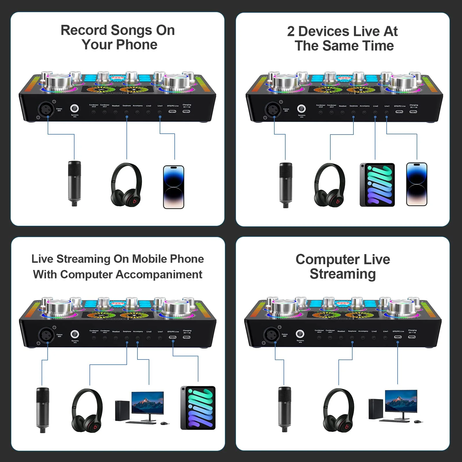 Professional Audio Mixer,Live Sound Card and Stereo Audio Interface,Bluetooth Sound Board with XLR interface,48V Phantom Power,Voice Changer,For Podcasting,Live sound,recording Studio and Gaming - Image 6