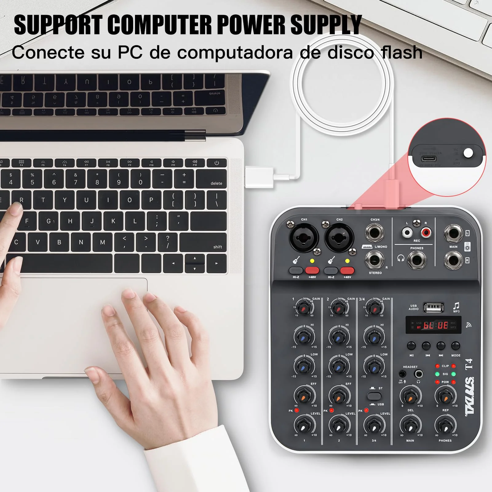 Professional Audio Mixer, TKLBLS 4-Channel Unpowered Mixing Console with USB/Bluetooth Playback, 48V Phantom Power, REC Output, MP3 Player, Digital Delay Effects, for Streaming, Studio, Karaoke T4 - Image 2