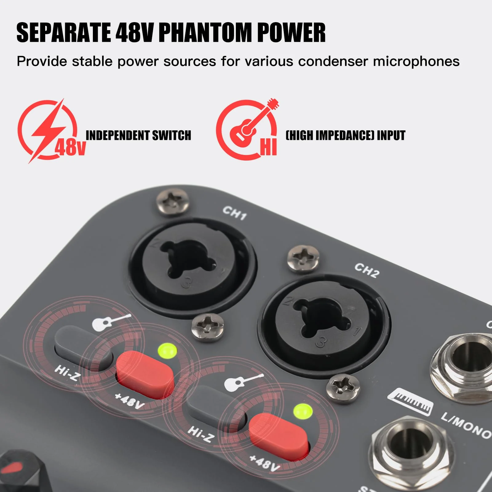 Professional Audio Mixer, TKLBLS 4-Channel Unpowered Mixing Console with USB/Bluetooth Playback, 48V Phantom Power, REC Output, MP3 Player, Digital Delay Effects, for Streaming, Studio, Karaoke T4 - Image 3