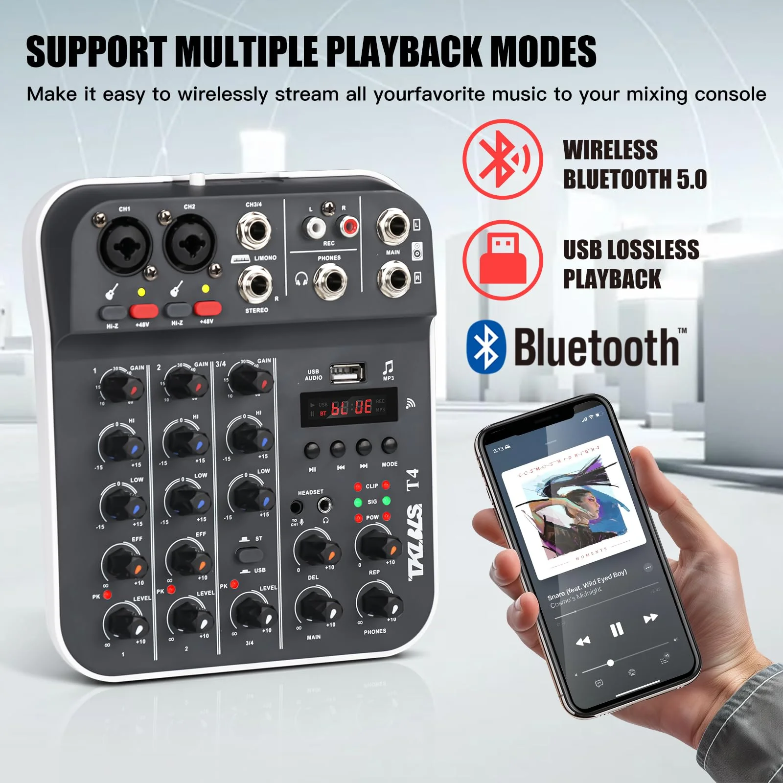 Professional Audio Mixer, TKLBLS 4-Channel Unpowered Mixing Console with USB/Bluetooth Playback, 48V Phantom Power, REC Output, MP3 Player, Digital Delay Effects, for Streaming, Studio, Karaoke T4 - Image 4