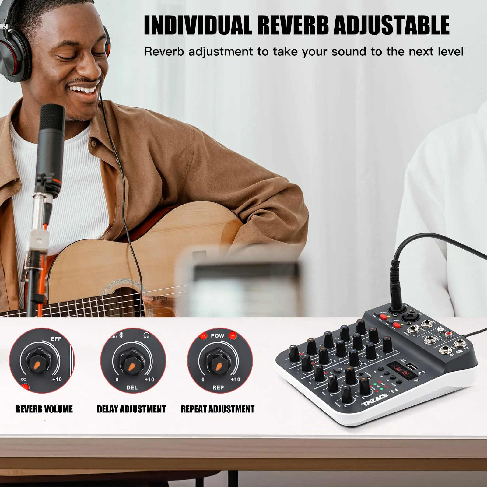 Professional Audio Mixer, TKLBLS 4-Channel Unpowered Mixing Console with USB/Bluetooth Playback, 48V Phantom Power, REC Output, MP3 Player, Digital Delay Effects, for Streaming, Studio, Karaoke T4 - Image 5