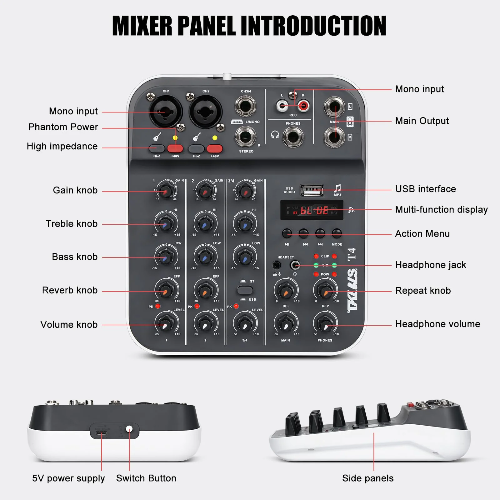 Professional Audio Mixer, TKLBLS 4-Channel Unpowered Mixing Console with USB/Bluetooth Playback, 48V Phantom Power, REC Output, MP3 Player, Digital Delay Effects, for Streaming, Studio, Karaoke T4 - Image 6