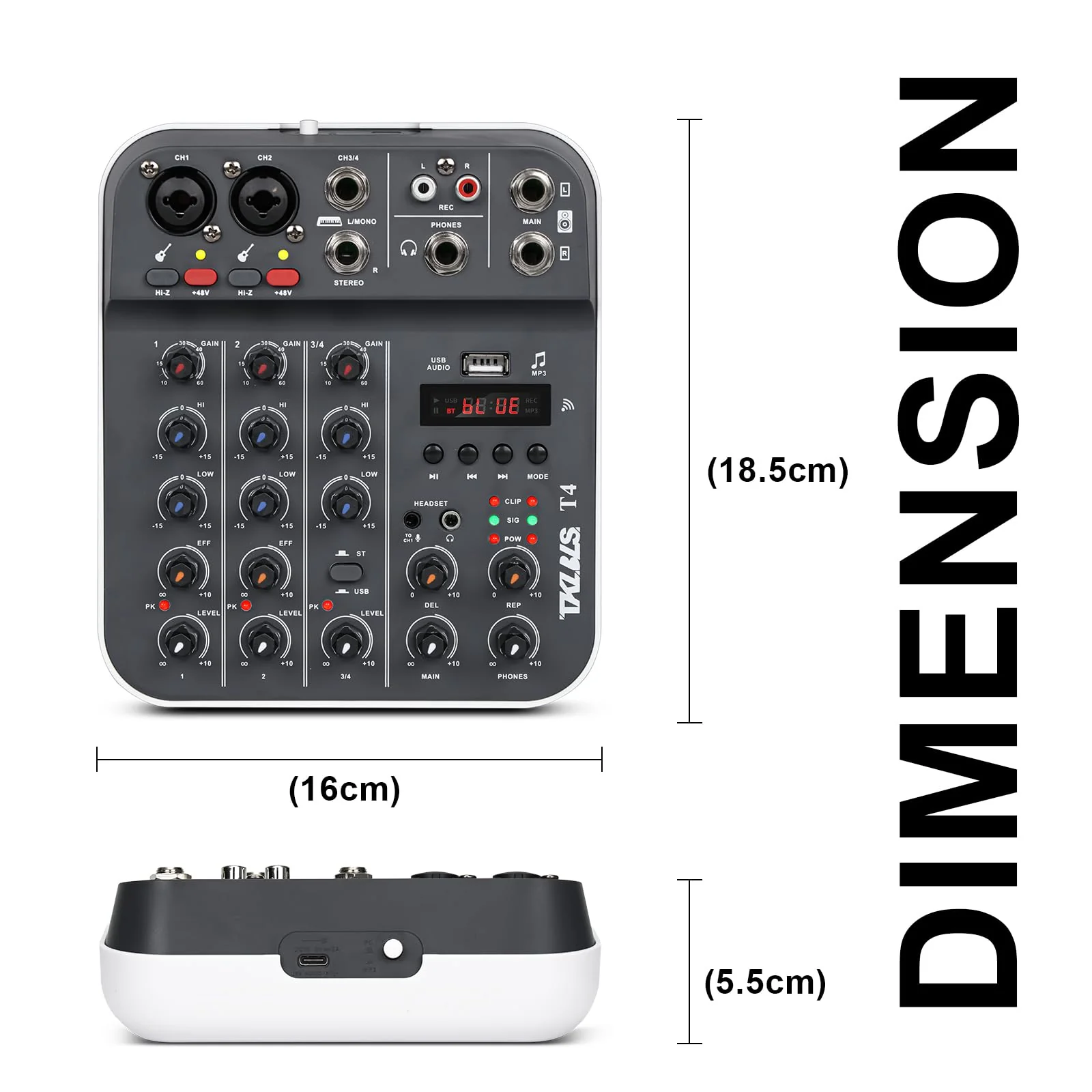 Professional Audio Mixer, TKLBLS 4-Channel Unpowered Mixing Console with USB/Bluetooth Playback, 48V Phantom Power, REC Output, MP3 Player, Digital Delay Effects, for Streaming, Studio, Karaoke T4 - Image 8