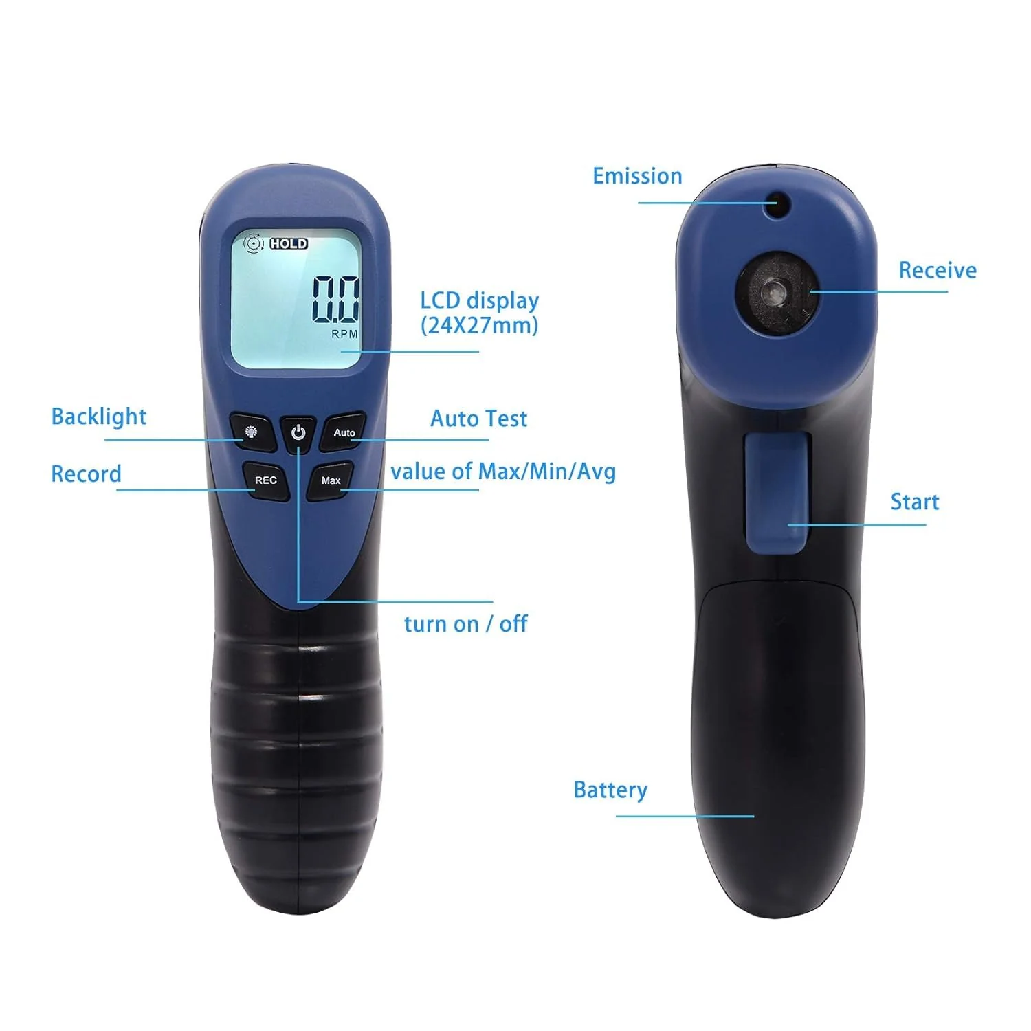 Professional Digital Speedometer Tachometer, Handheld LCD Digital Laser Revolutionometer Speedometer, Non-Contact Tachometer, Tachometer, Reflective Tape Blue - Image 3