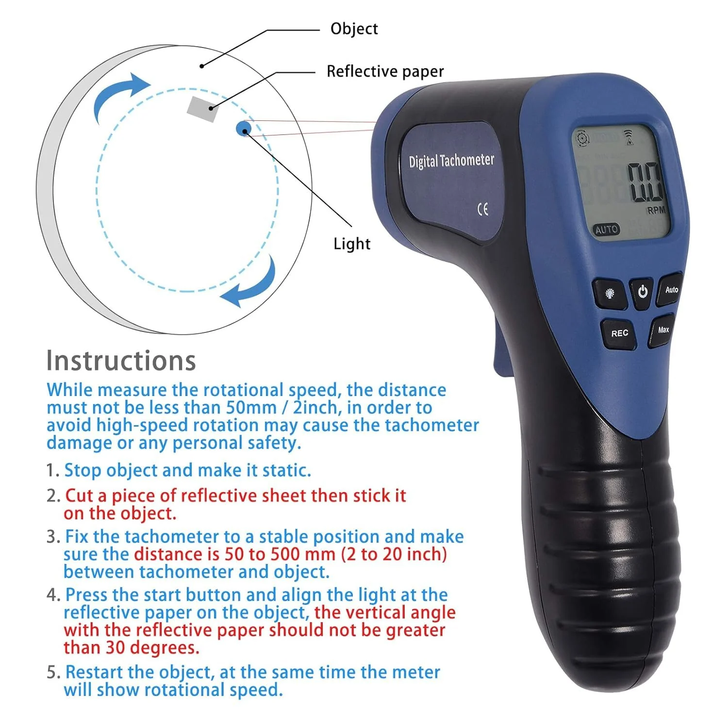 Professional Digital Speedometer Tachometer, Handheld LCD Digital Laser Revolutionometer Speedometer, Non-Contact Tachometer, Tachometer, Reflective Tape Blue - Image 5