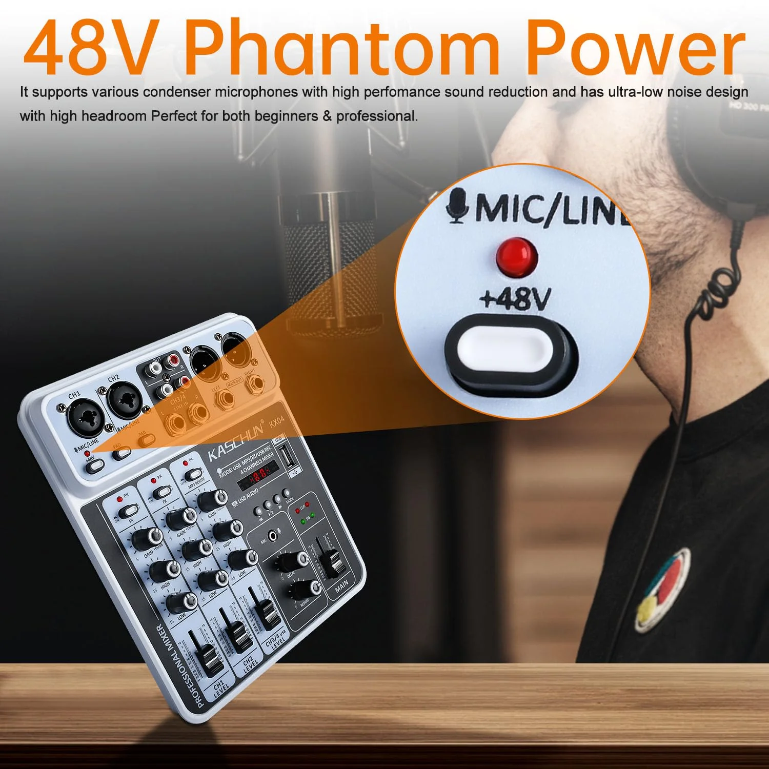 Professional DJ audio mixer, 4-channel DJ mixer, Bluetooth sound mixer, supports USB/MP3/BT computer input, 48V phantom power stereo studio audio mixer suitable for DJ studio streaming recording KX04 - Image 2