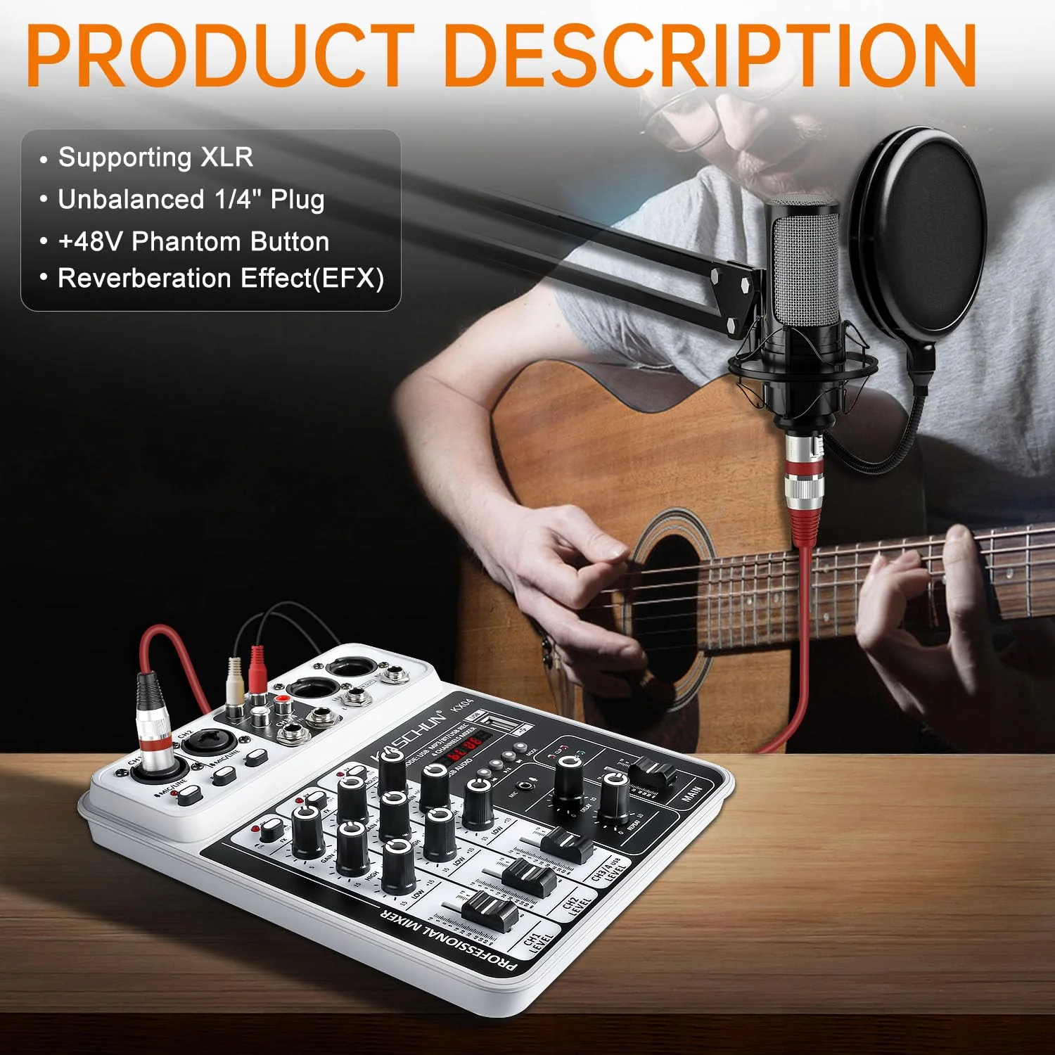 Professional DJ audio mixer, 4-channel DJ mixer, Bluetooth sound mixer, supports USB/MP3/BT computer input, 48V phantom power stereo studio audio mixer suitable for DJ studio streaming recording KX04 - Image 3