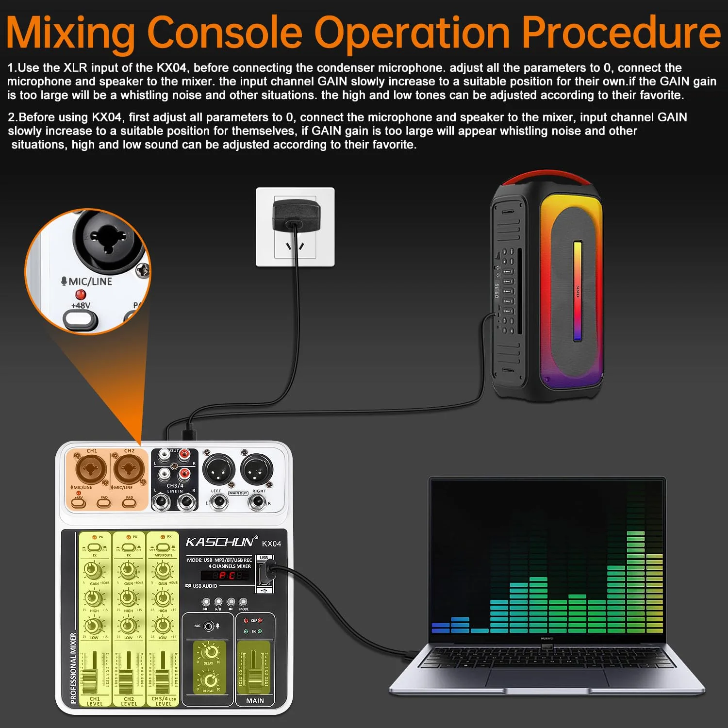 Professional DJ audio mixer, 4-channel DJ mixer, Bluetooth sound mixer, supports USB/MP3/BT computer input, 48V phantom power stereo studio audio mixer suitable for DJ studio streaming recording KX04 - Image 4