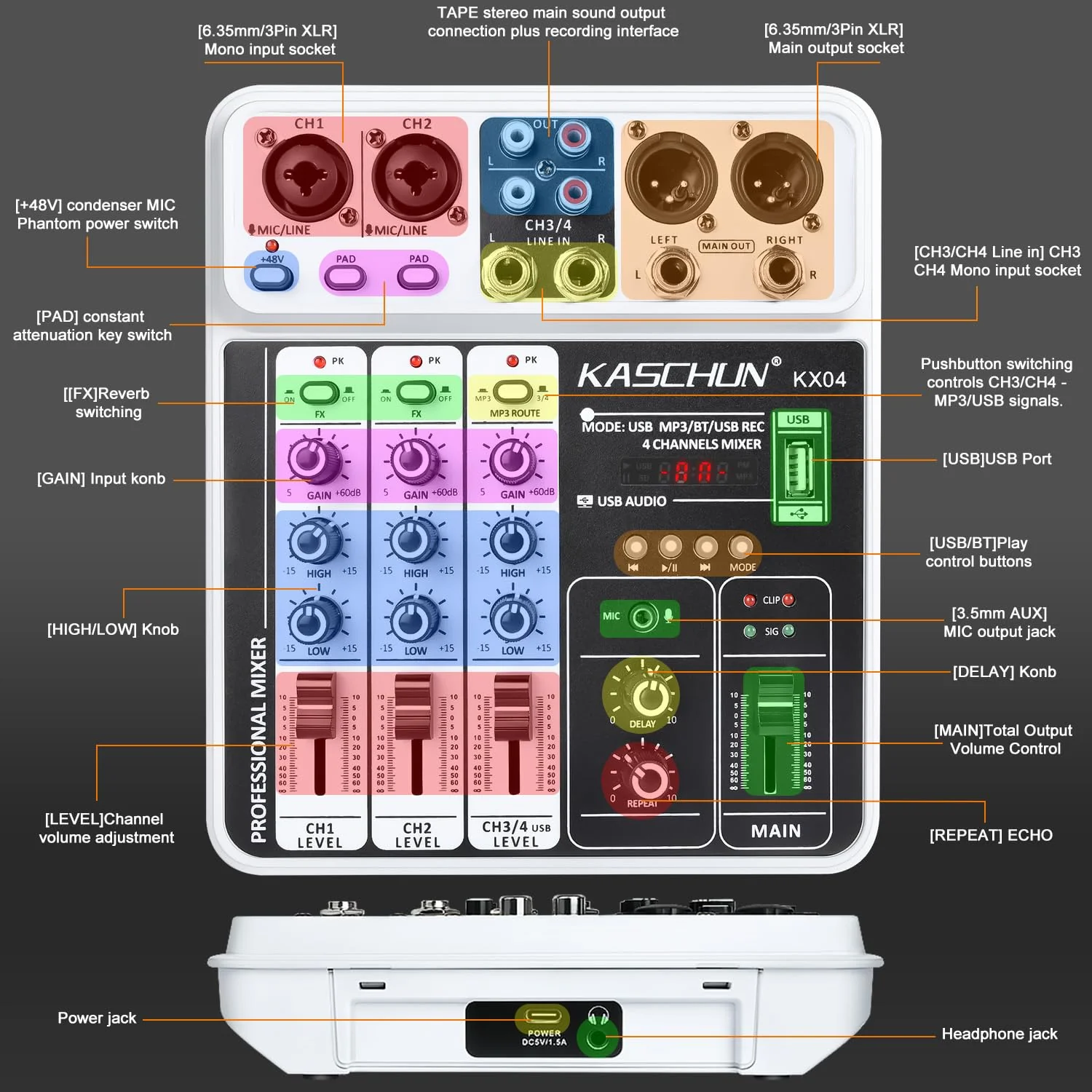 Professional DJ audio mixer, 4-channel DJ mixer, Bluetooth sound mixer, supports USB/MP3/BT computer input, 48V phantom power stereo studio audio mixer suitable for DJ studio streaming recording KX04 - Image 7