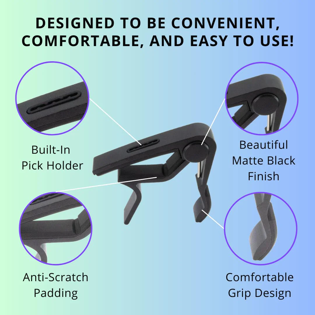 Professional Guitar Capo w/Built-In Pick Holder | Universal Compatibility for Acoustic, Electric & Bass | by AudioMonkey | Includes 6 Picks! (Matte Black) - Image 4