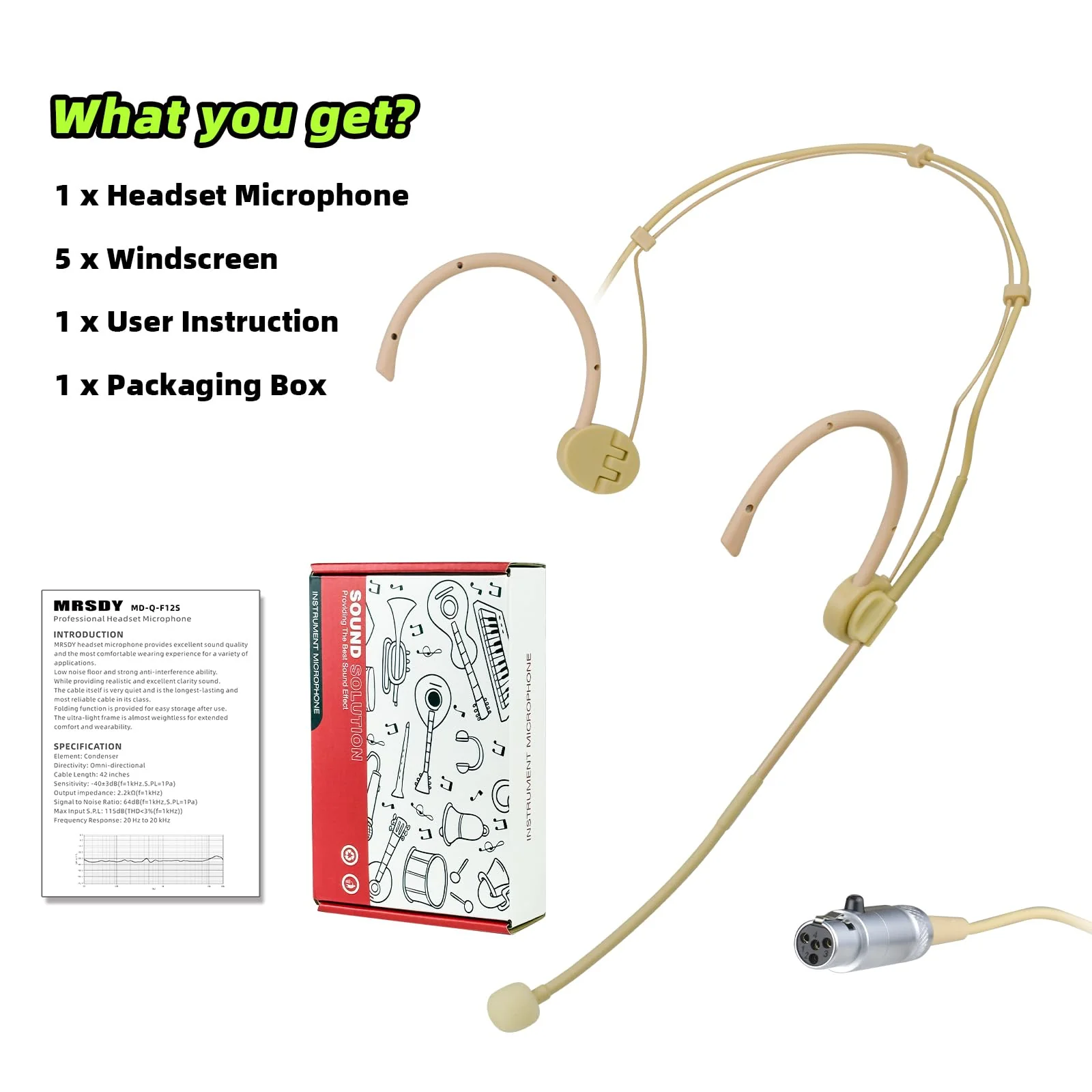 Professional Headset Microphone, Compatible with Shure Wireless System, Omnidirectional Condenser Double Over Ear Headworn Mic, 4-Pin Mini XLR, Cable Length 42 Inch (Beige) Beige - Image 8