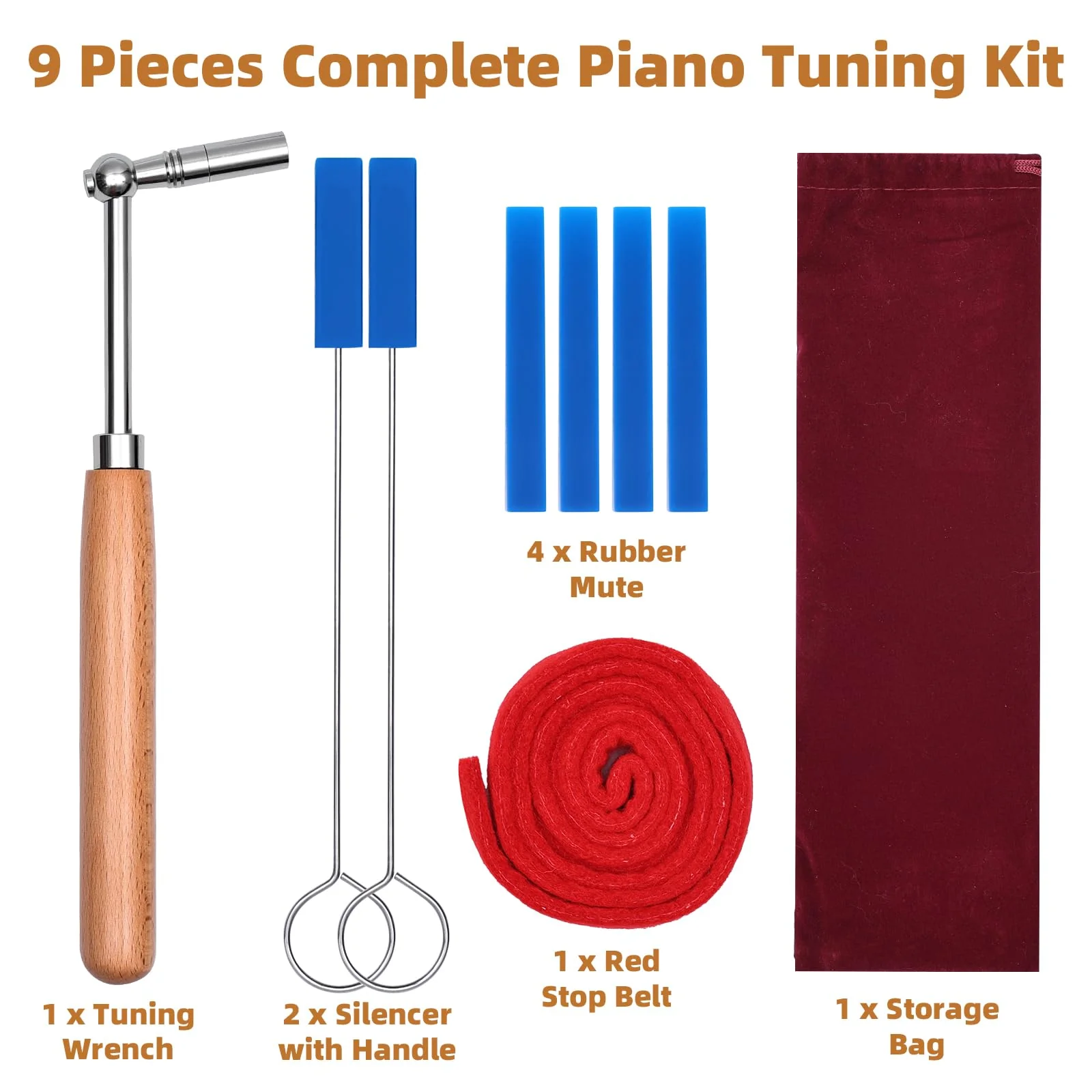 Professional Piano Tuning Kit, 9 PCS Piano Tuner Wrench Hammer piano tuning Mute kit tools 9 Pack Set - Image 7