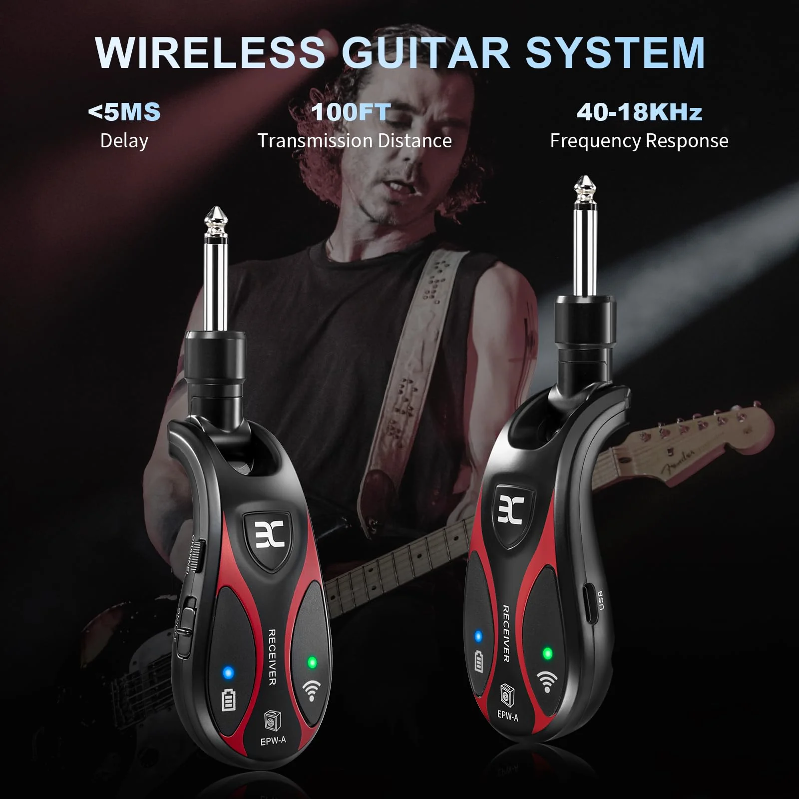 Professional Wireless Guitar System, 20 Channels, <1.5ms Ultra-Low Latency, 164ft Range, 270° Rotating Plug, Rechargeable Guitar Transmitter & Receiver for Guitar Bass Electric Instrument - Image 2