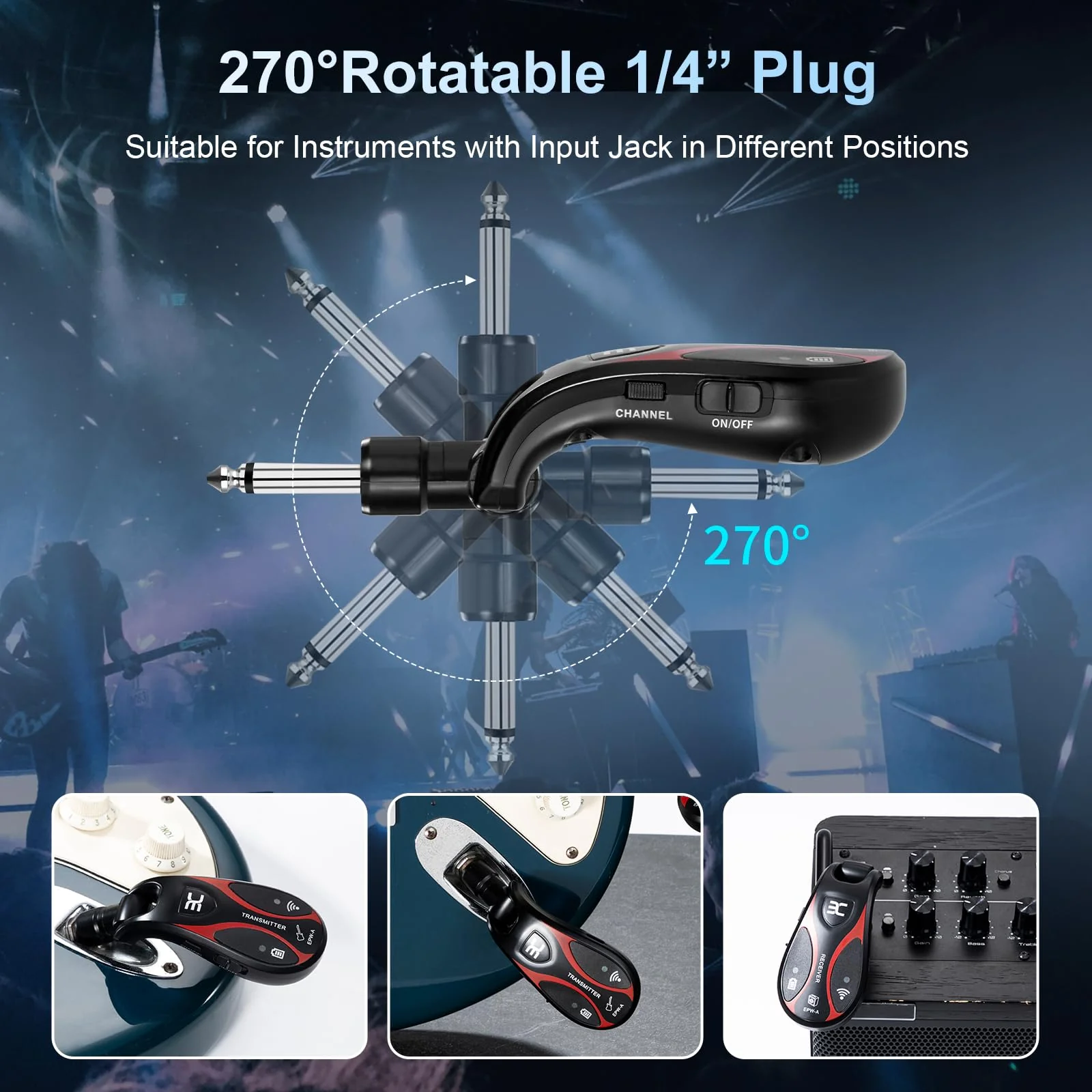 Professional Wireless Guitar System, 20 Channels, <1.5ms Ultra-Low Latency, 164ft Range, 270° Rotating Plug, Rechargeable Guitar Transmitter & Receiver for Guitar Bass Electric Instrument - Image 7