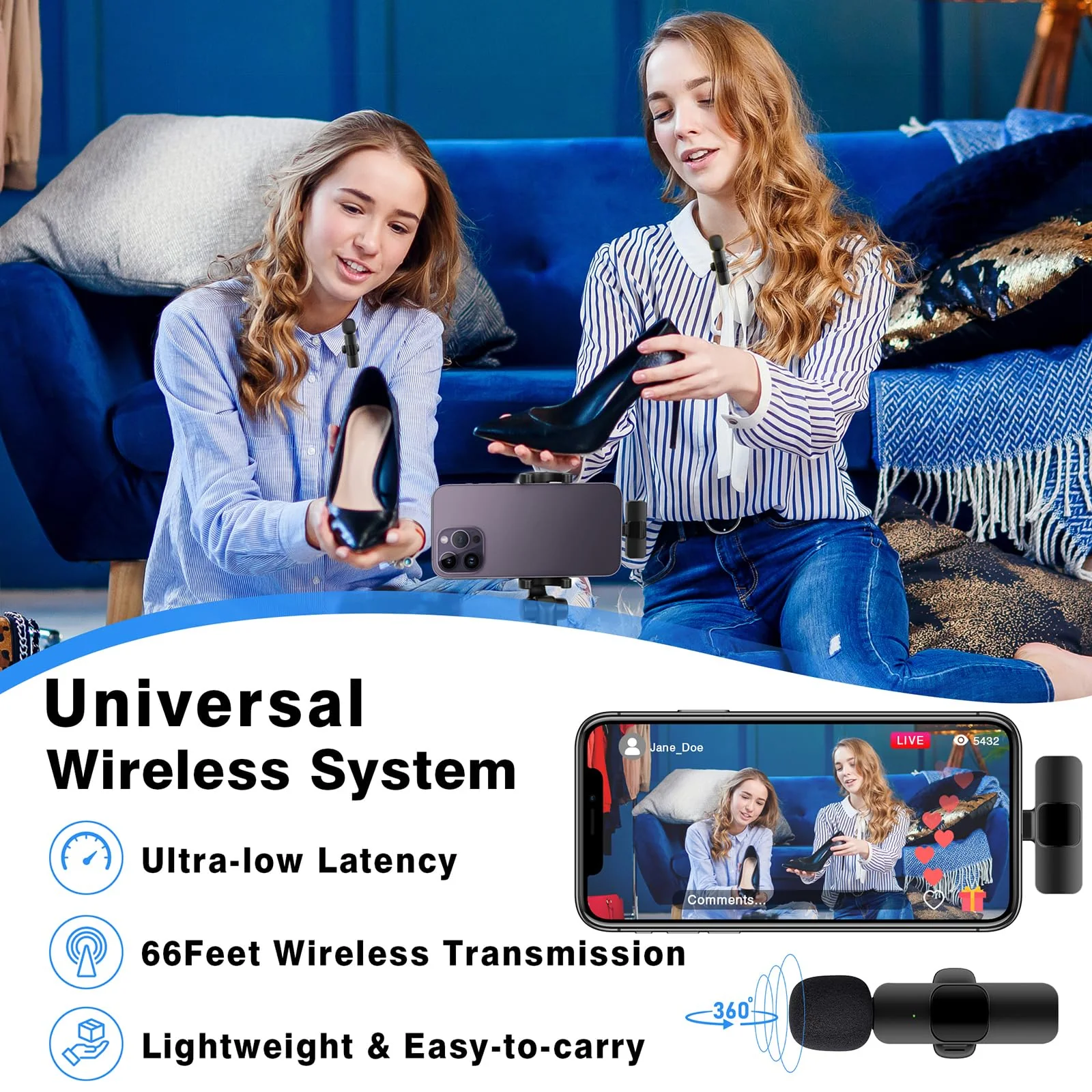 Professional Wireless Lavalier Lapel Microphone for iPhone, iPad, Cordless Omnidirectional Condenser Recording Mic for Video Recording, Live Streaming, Interview Podcast Vlog YouTube Tiktok(2 Pack) Black-1 - Image 5