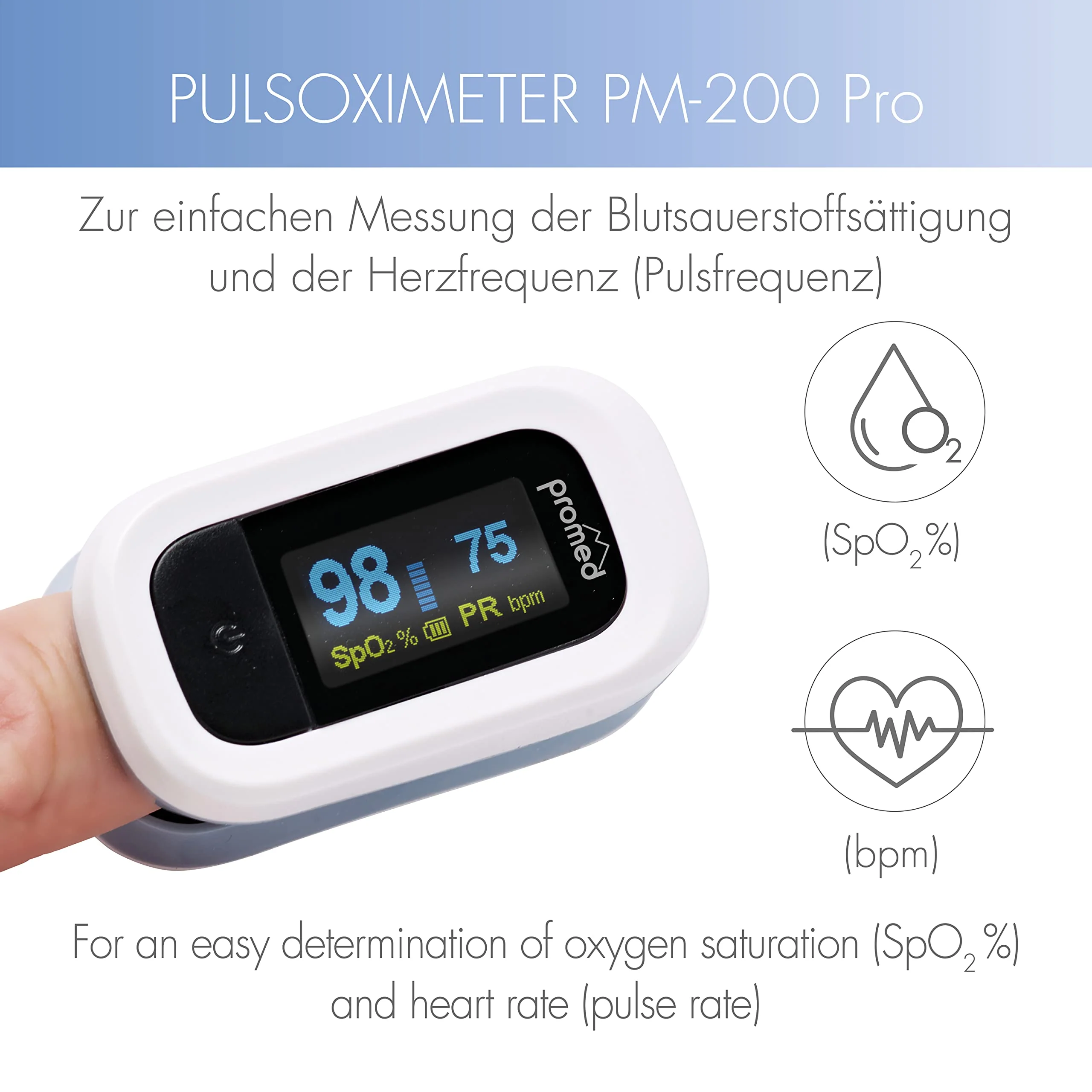Promed Pulse Oximeter PM-200 Pro, Easy Measurement of Heart Rate & Oxygen Saturation in the Blood, Finger Pulse Oximeter with OLED Display and Automatic Shut-Off - Image 2