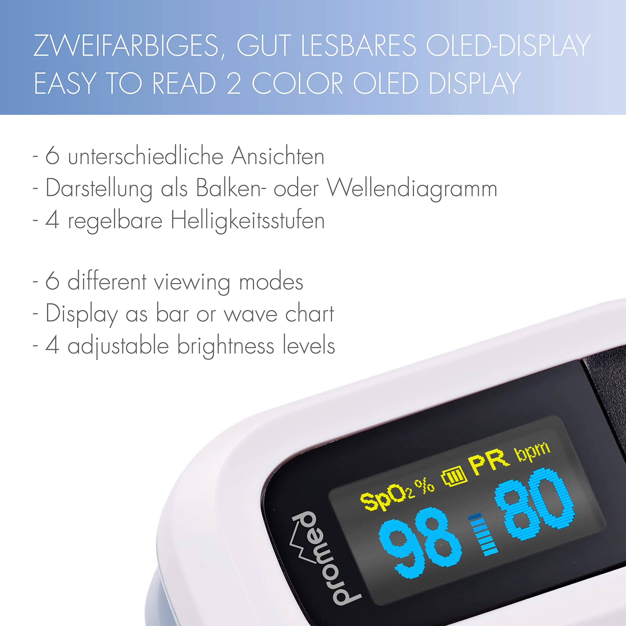 Promed Pulse Oximeter PM-200 Pro, Easy Measurement of Heart Rate & Oxygen Saturation in the Blood, Finger Pulse Oximeter with OLED Display and Automatic Shut-Off - Image 4