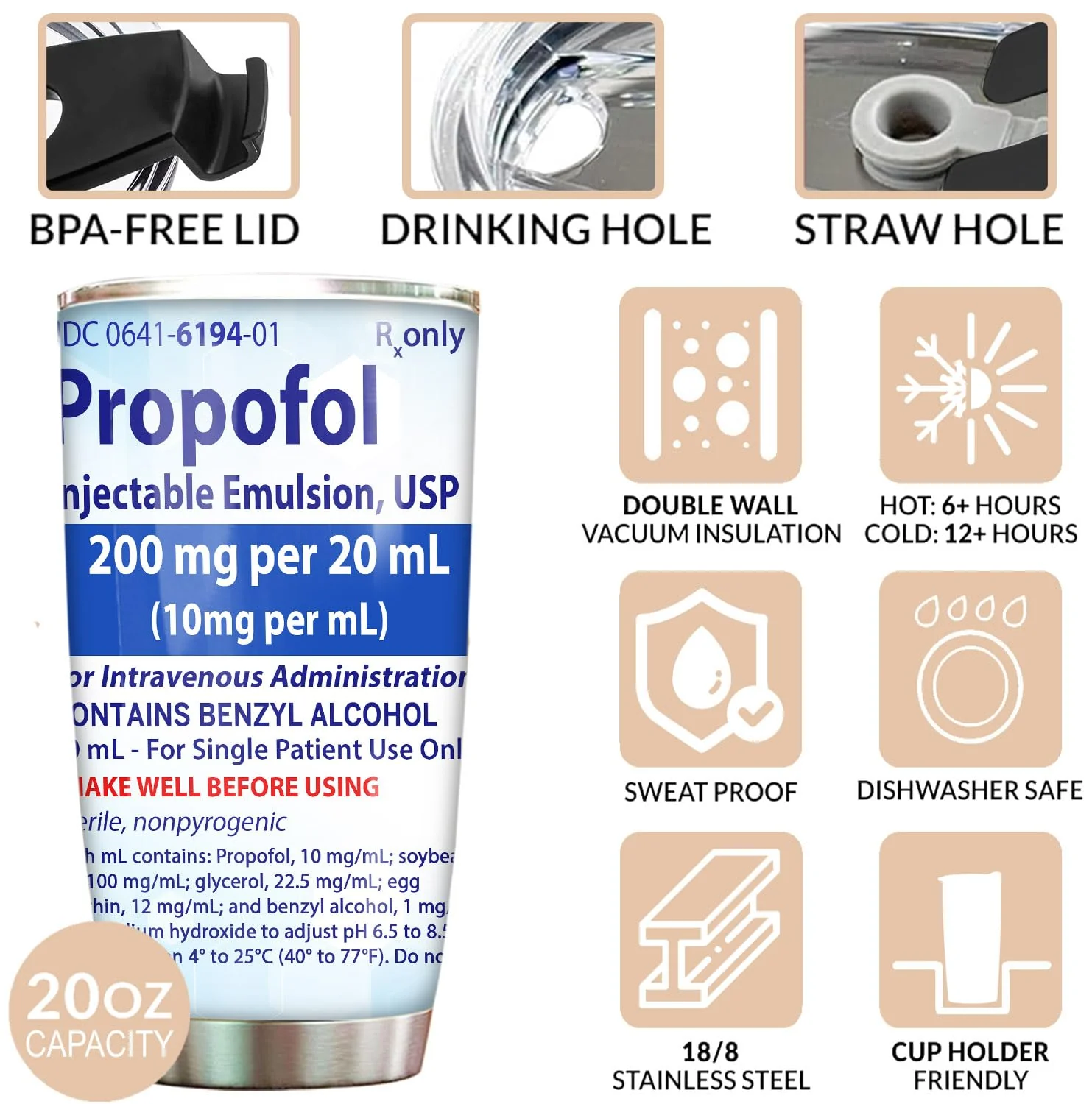 Propofol Tumbler For Nurse Straw Lid 20oz, Medical Nursing Student Graduation Gift, Nurses Week Gift For Nurse ICU ER Emergency Doctor RN CRNA Vet Tech Surgical Tech Medication Tumbler NU04 - Image 3