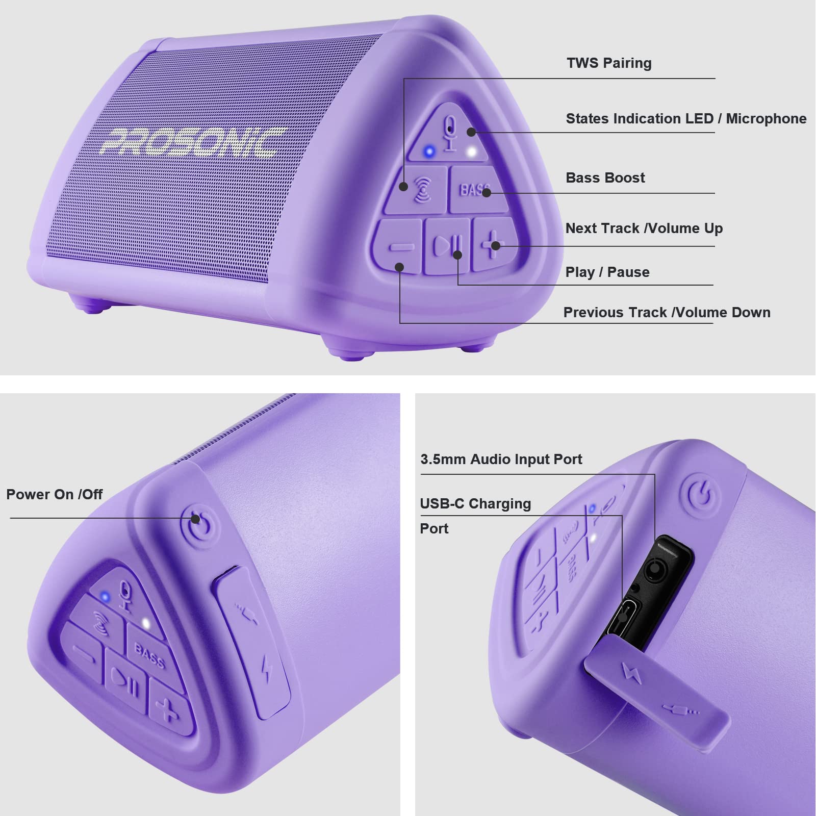 Prosonic BT3 Portable Wireless Bluetooth Speaker with 10W Stereo Sound & Bass Boost -Rich Sound & Intense Bass -Bluetooth 5.0 -Microphone -IPX5 - in & Outdoor Speaker (Purple) Purple - Image 8