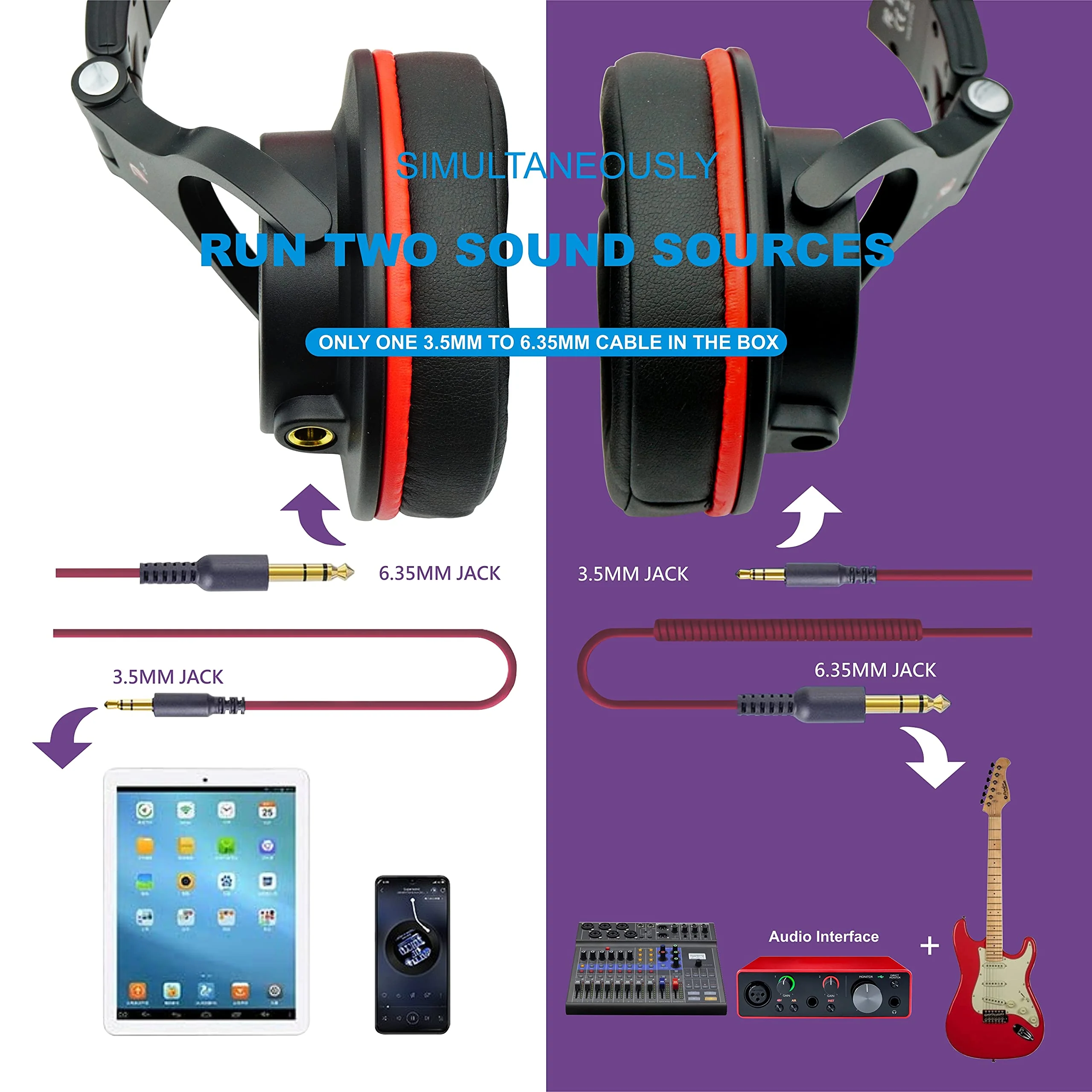 Prosonic DJ2R Over Ear Headphone, Wired Bass Headset with 40mm driver, Foldable lightweight headphones with Shareport and Mic for Recording Monitoring Mixing Podcast Guitar PC TV (Black Red) Black Red - Image 4