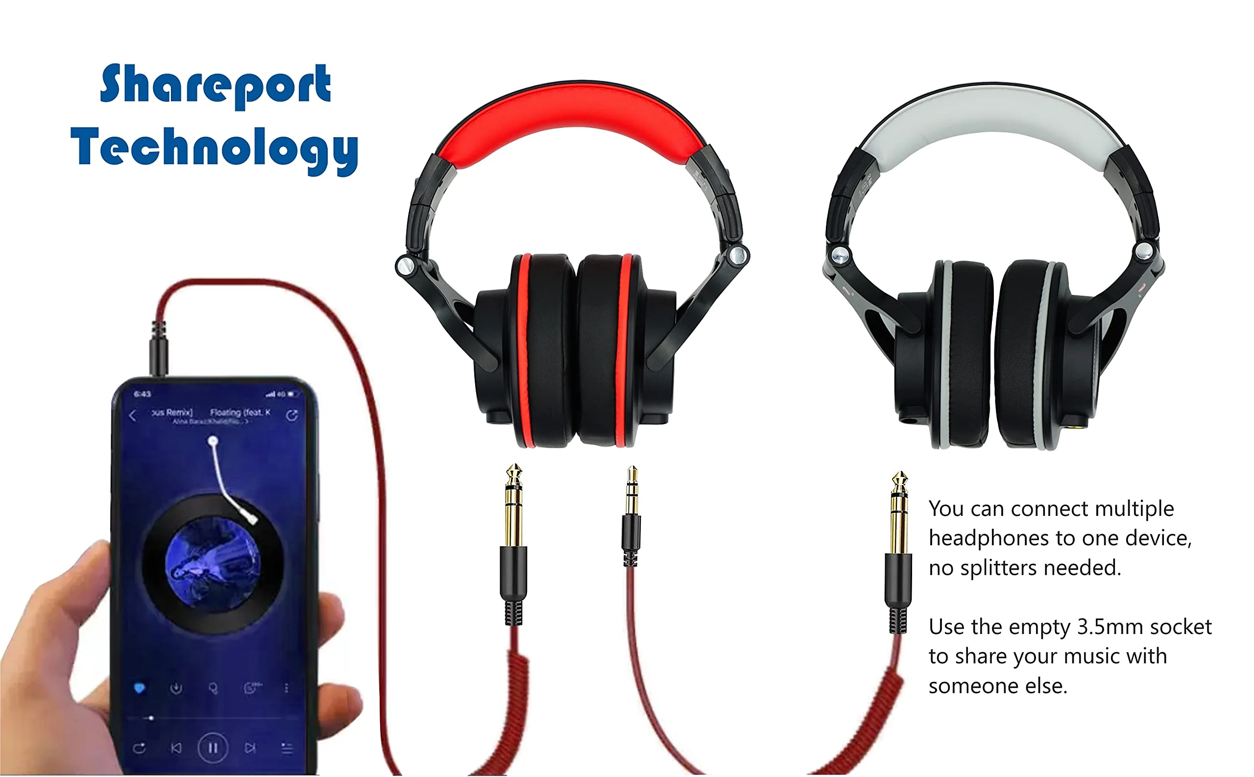 Prosonic DJ2R Over Ear Headphone, Wired Bass Headset with 40mm driver, Foldable lightweight headphones with Shareport and Mic for Recording Monitoring Mixing Podcast Guitar PC TV (Black Red) Black Red - Image 6