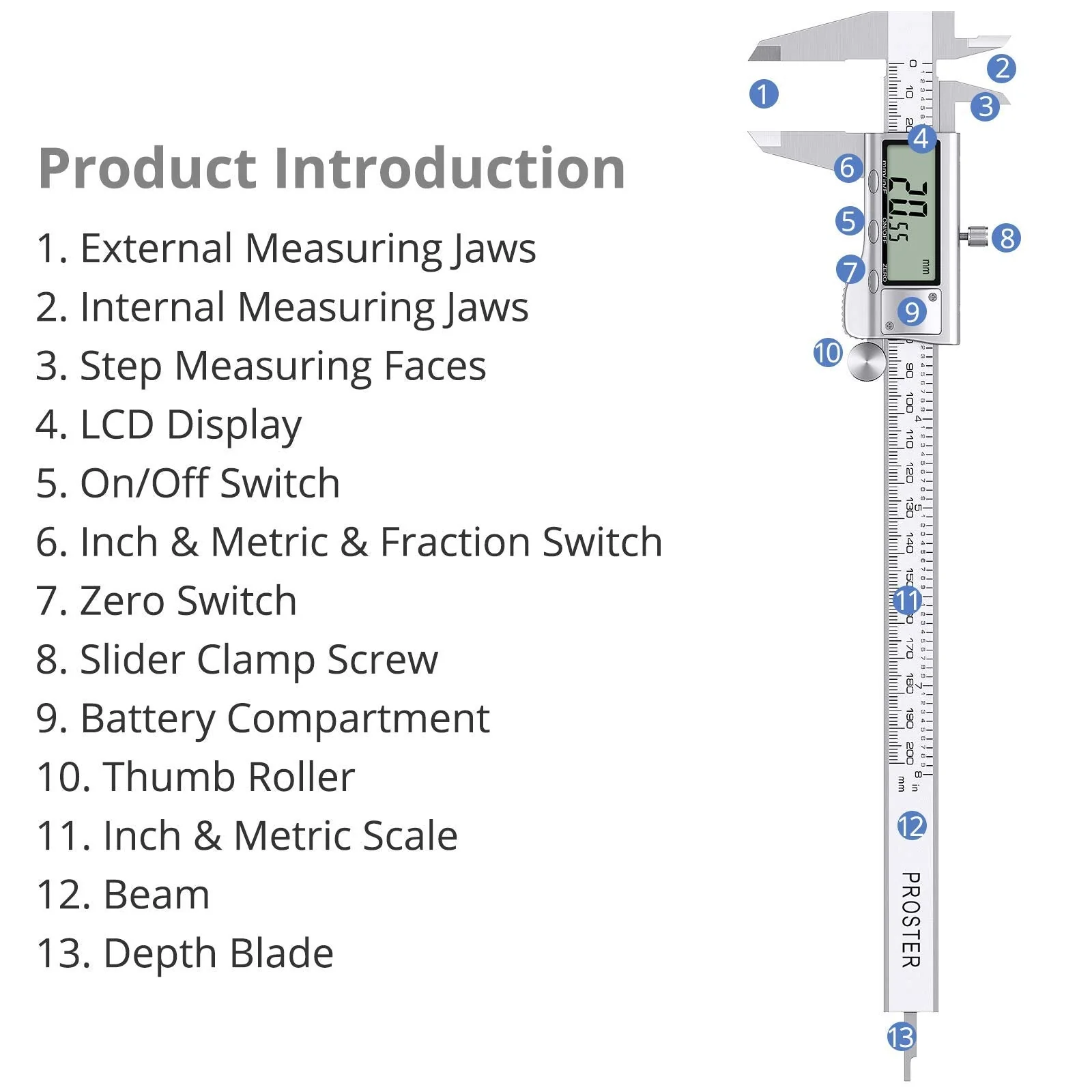 Proster Digital Caliper 8 Inch/200 mm + 32 Feeler Gauge Calliper Stainless Steel Electronic Caliper Inch/Fractions/Metric Caliper for Length Width Depth Inner / Outer Diameter 200 mm - Image 8