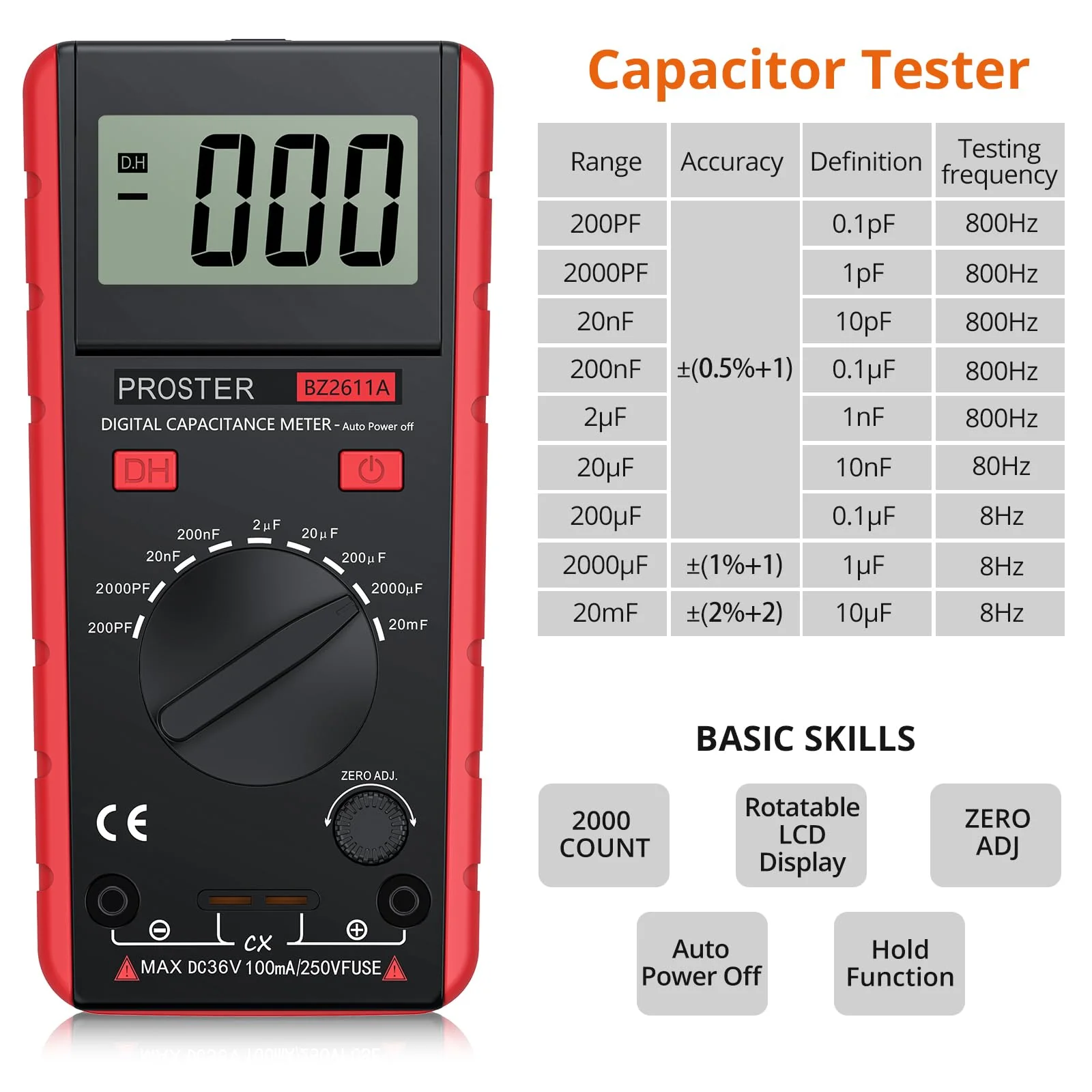 Proster Digitales Kapazitätsmessgerät 200pF-20mF Messgerät Kondensator Handmultimeter Tester für Anfänger mit drehbarer LCD-Anzeige Rot-vereinfachte Version - Image 2