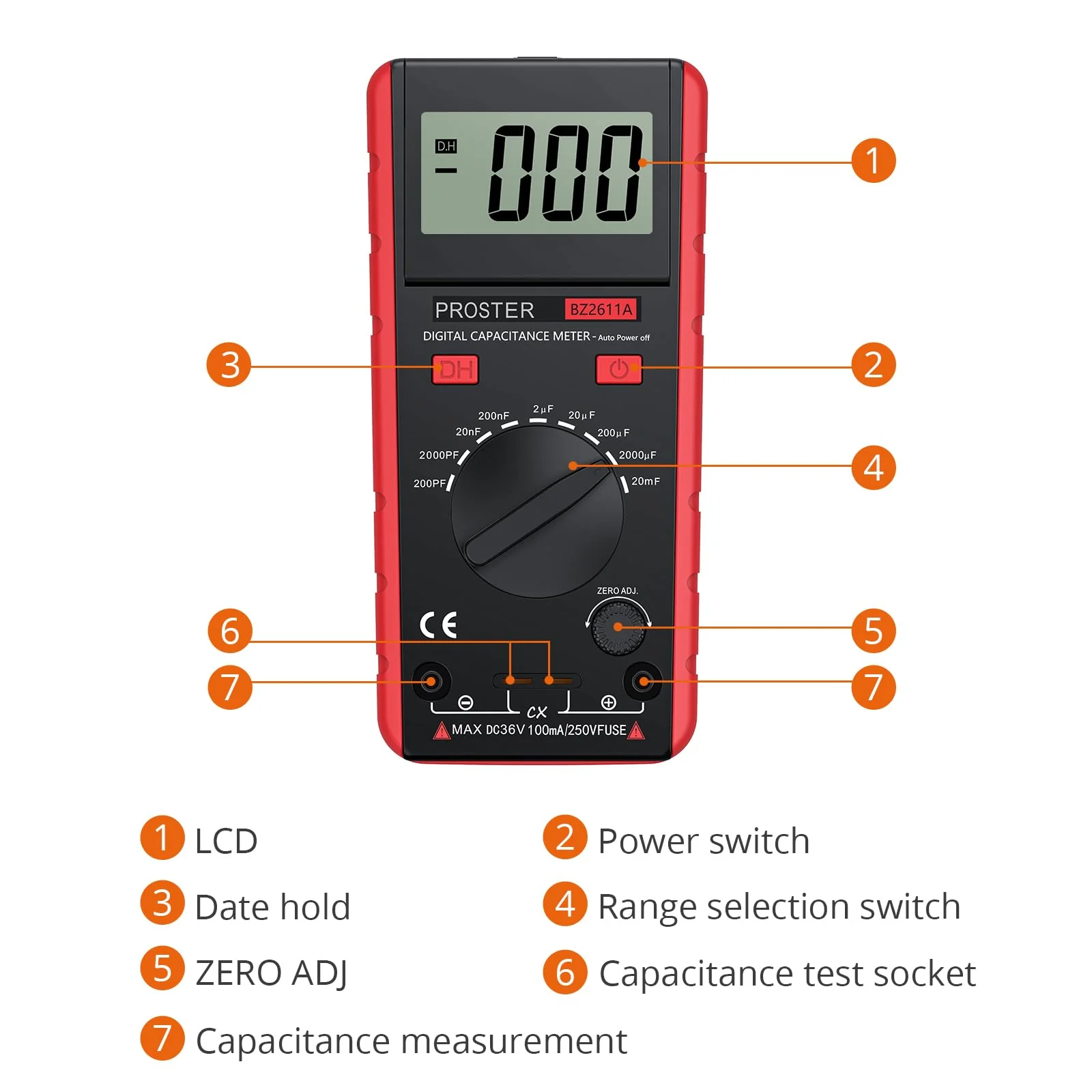 Proster Digitales Kapazitätsmessgerät 200pF-20mF Messgerät Kondensator Handmultimeter Tester für Anfänger mit drehbarer LCD-Anzeige Rot-vereinfachte Version - Image 3