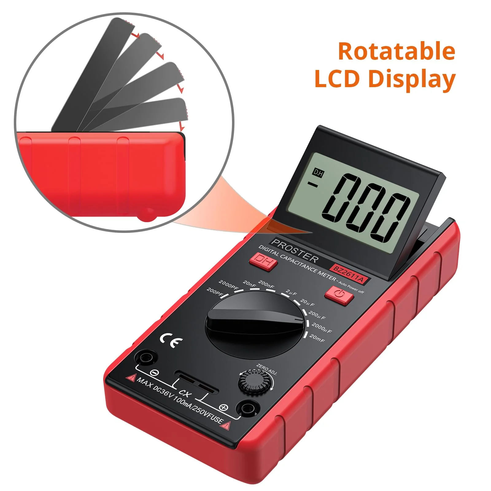 Proster Digitales Kapazitätsmessgerät 200pF-20mF Messgerät Kondensator Handmultimeter Tester für Anfänger mit drehbarer LCD-Anzeige Rot-vereinfachte Version - Image 4