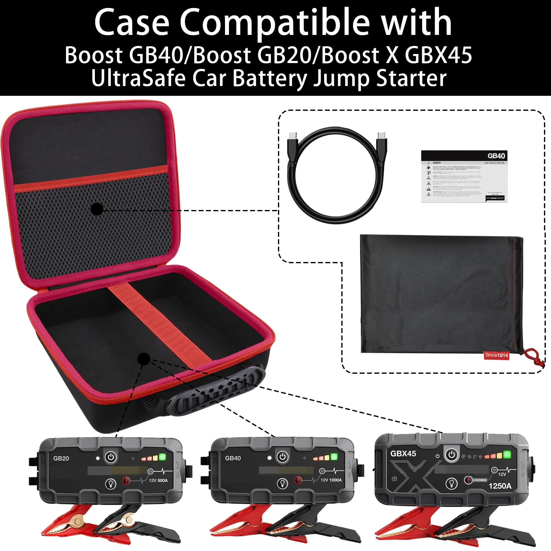 Protection Storage Case Compatible with NOCO Boost GB40 / GB20 / X GBX45 UltraSafe Jump Starter Lithium Battery Booster Pack and Accessories（Black Case + Red Zipper）-Flaxune Case for Boost GB40 / GB20 / X GBX45 - Image 4
