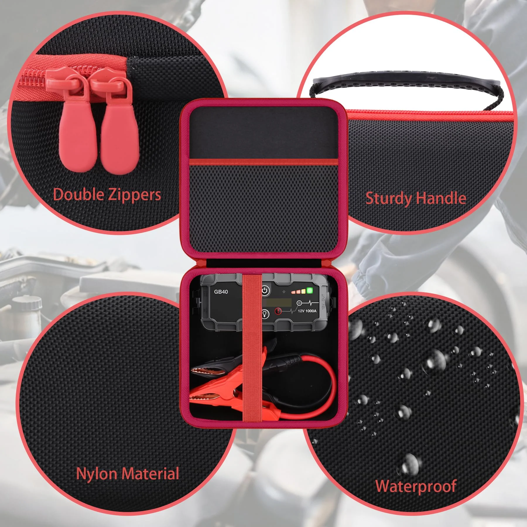 Protection Storage Case Compatible with NOCO Boost GB40 / GB20 / X GBX45 UltraSafe Jump Starter Lithium Battery Booster Pack and Accessories（Black Case + Red Zipper）-Flaxune Case for Boost GB40 / GB20 / X GBX45 - Image 5