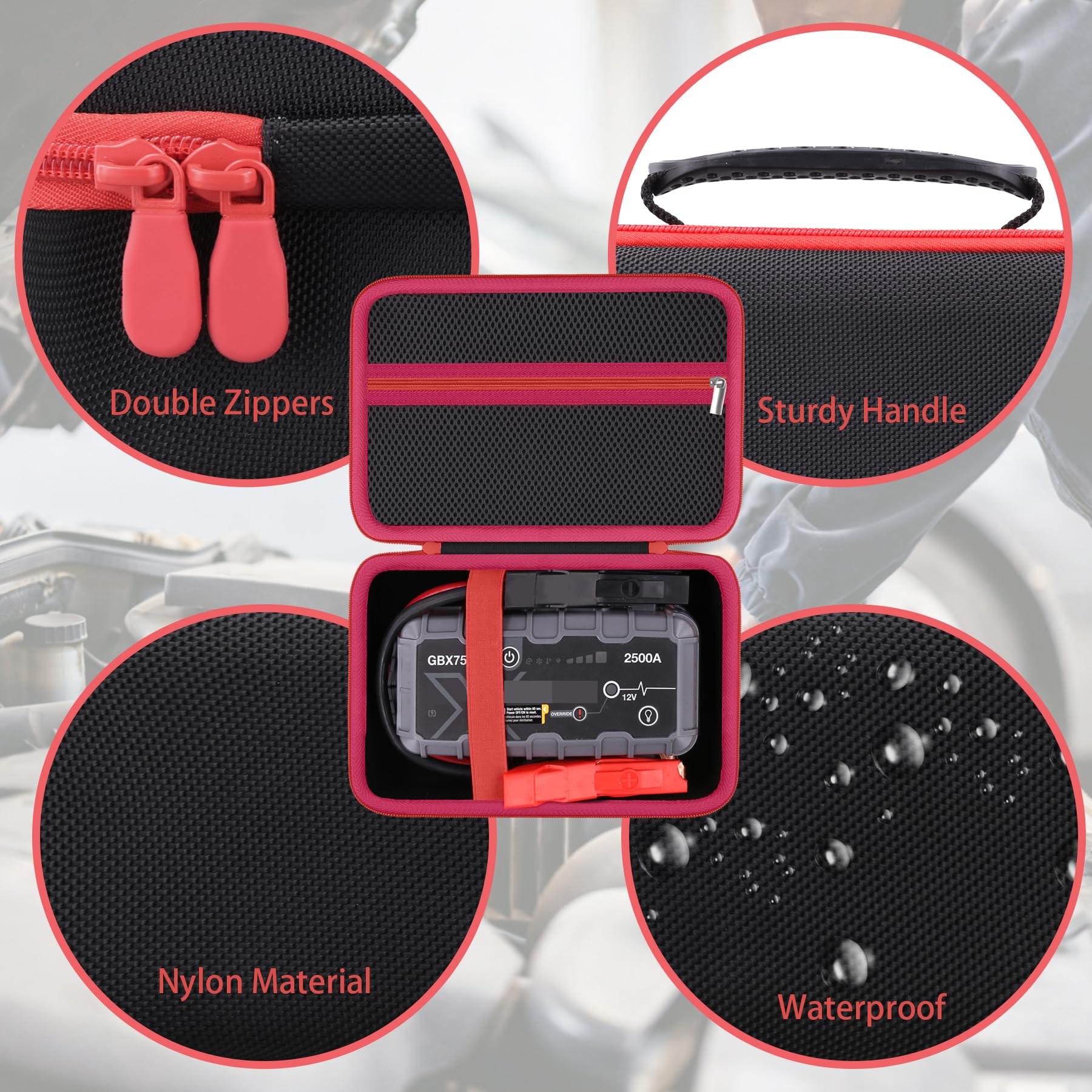 Protection Storage Case Compatible with NOCO Boost GB70 / X GBX75 UltraSafe Jump Starter Lithium Battery Booster Pack and Accessories（Black Case + Red Zipper）-Flaxune - Image 4